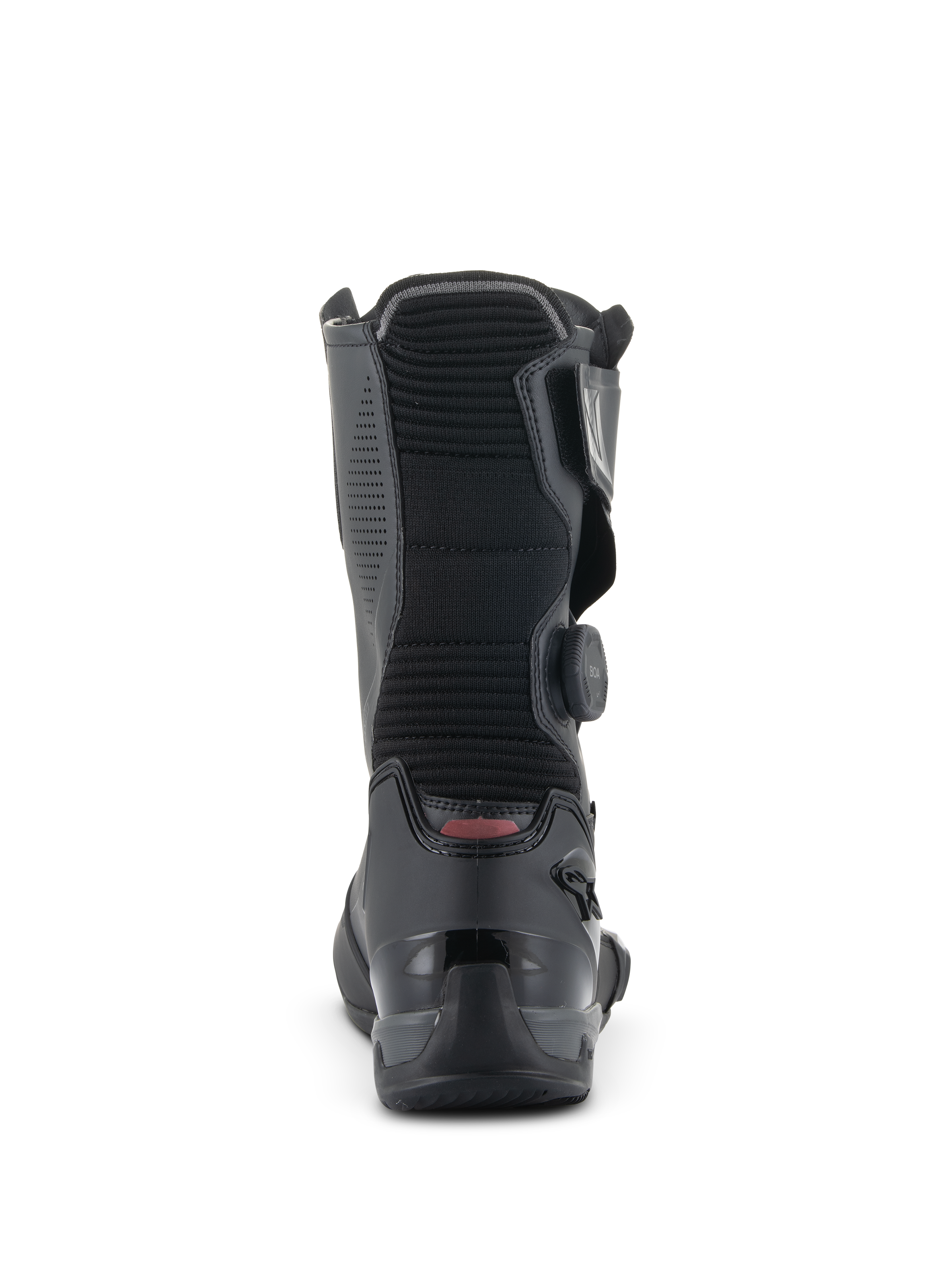Alpinestars SP-X BOA laarzen, middelhoge motor-sportlaarzen, zwart, achteraanzicht met focus op het geribbelde accordeon-flexpaneel, de versterkte TPU-hielkap en de BOA Fit System-draaiknop aan de zijkant