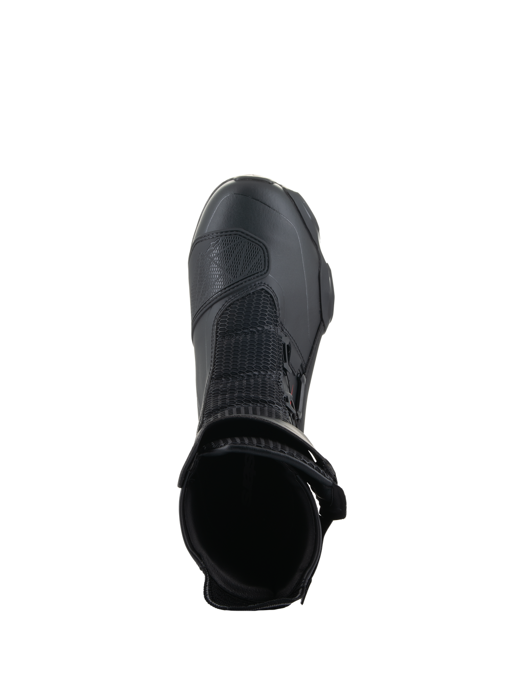 Alpinestars SP-X BOA® laarzen, zwart, bovenaanzicht met zicht in de enkelopening, voorzien van Rideknit® mesh en het aan de zijkant gemonteerde BOA® Fit Systeem, slanke middelhoge sportmotorlaars
