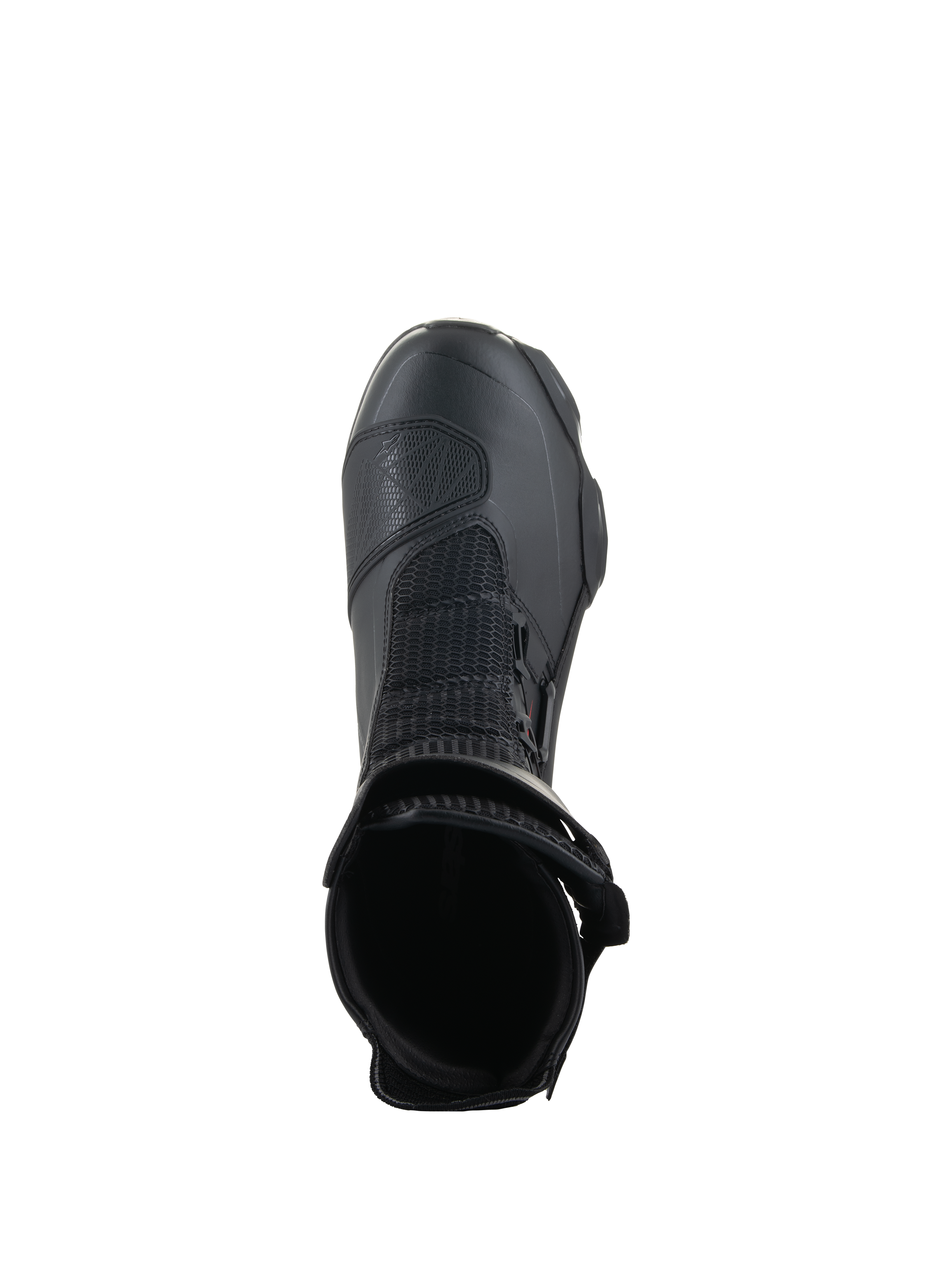 Alpinestars SP-X BOA® laarzen, zwart, bovenaanzicht met zicht in de enkelopening, voorzien van Rideknit® mesh en het aan de zijkant gemonteerde BOA® Fit Systeem, slanke middelhoge sportmotorlaars