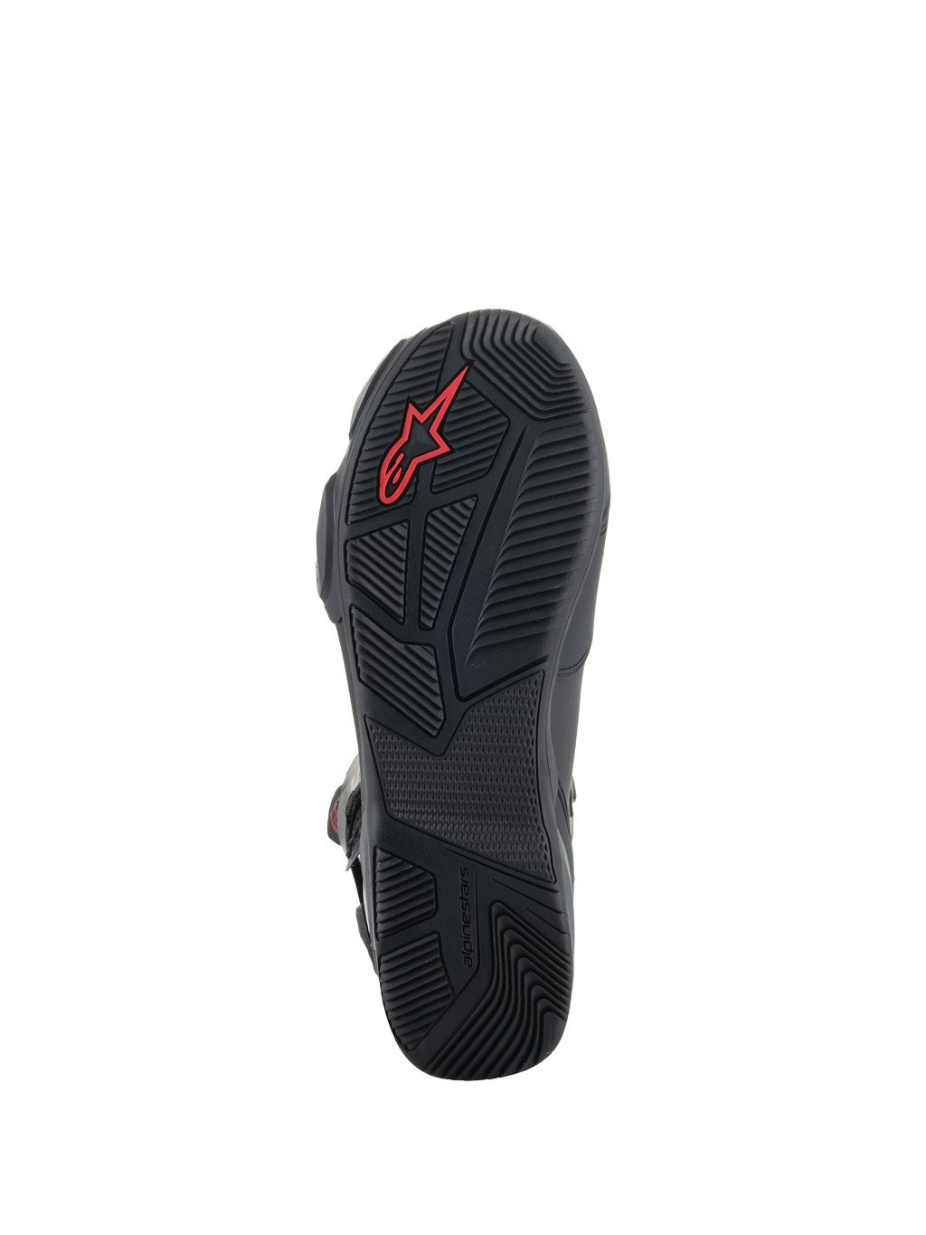 Alpinestars SP-X BOA® laarzen, zwarte motorlaarzen, detailweergave van de rubberen zool met getextureerd gripprofiel, rood Alpinestars-logo en asymmetrisch hielontwerp voor wandelstabiliteit.
