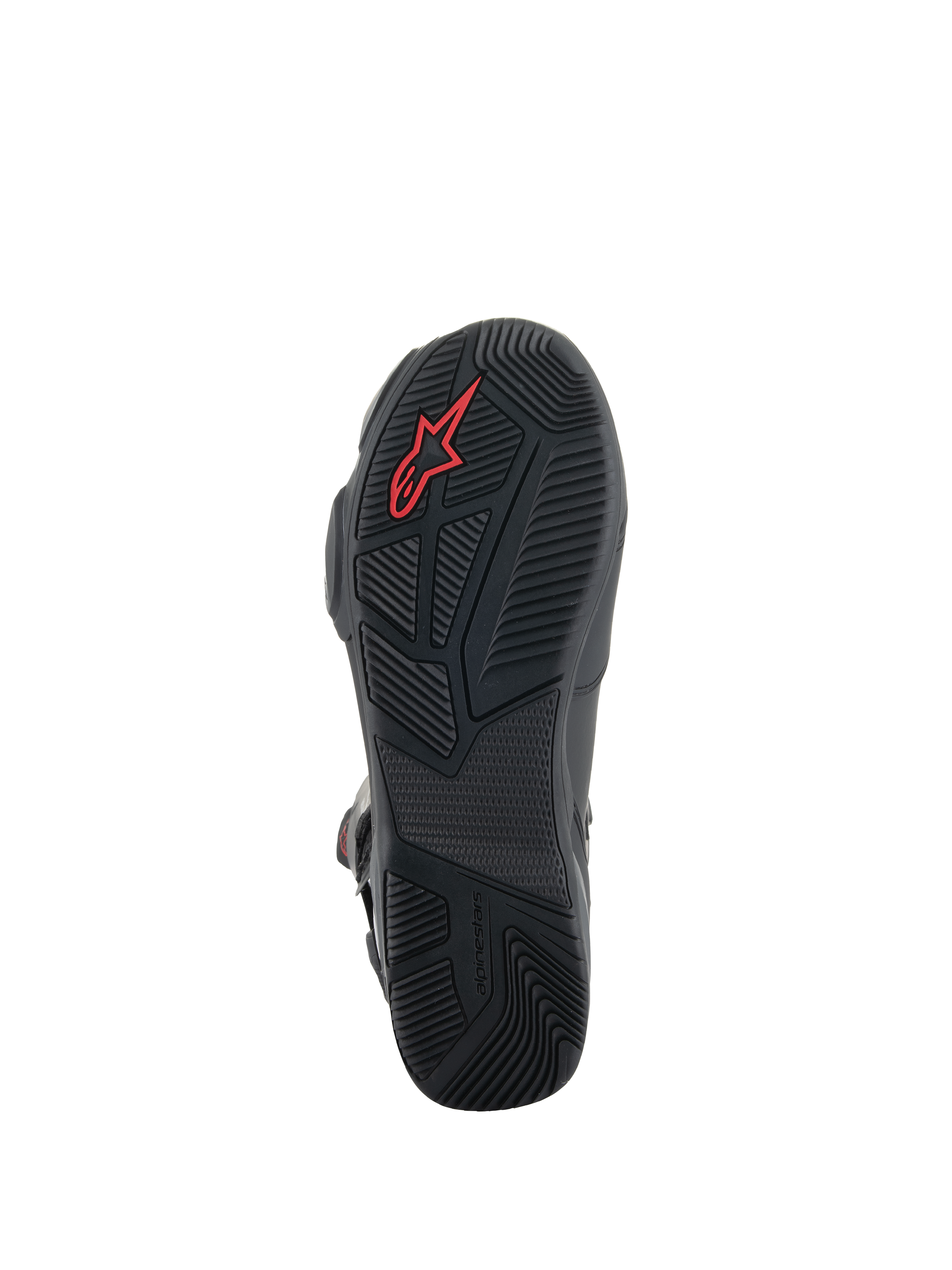Alpinestars SP-X BOA® laarzen, zwarte motorlaarzen, detailweergave van de rubberen zool met getextureerd gripprofiel, rood Alpinestars-logo en asymmetrisch hielontwerp voor wandelstabiliteit.