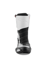 Alpinestars SP-X BOA Boots, vooraanzicht, zwart en zilver, middelhoge sport-motorlaarzen met wit microvezel bovenwerk met reliëflogo, zwart mesh middenstuk en beschermende TPU-componenten