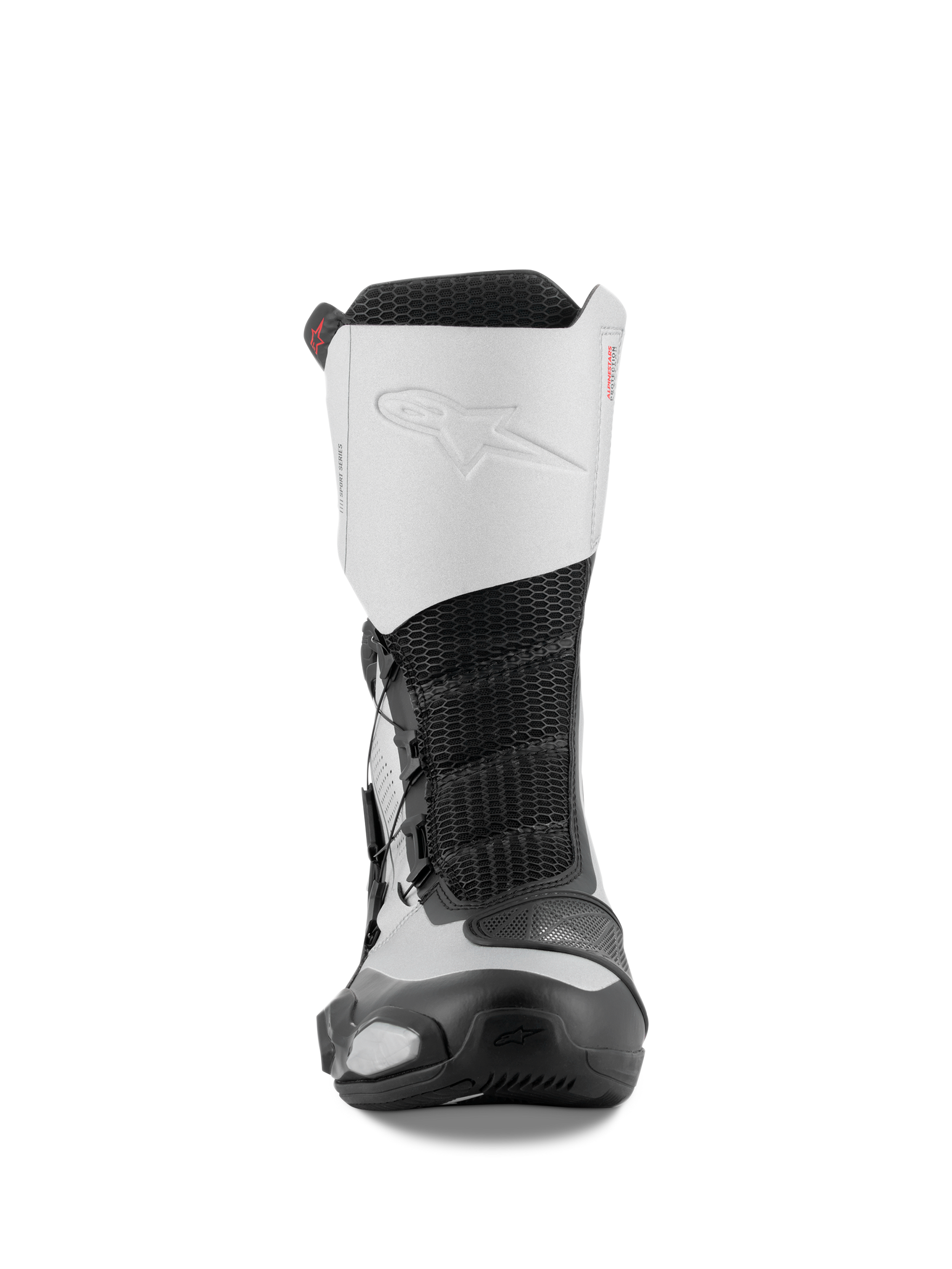 Alpinestars SP-X BOA Boots, vooraanzicht, zwart en zilver, middelhoge sport-motorlaarzen met wit microvezel bovenwerk met reliëflogo, zwart mesh middenstuk en beschermende TPU-componenten