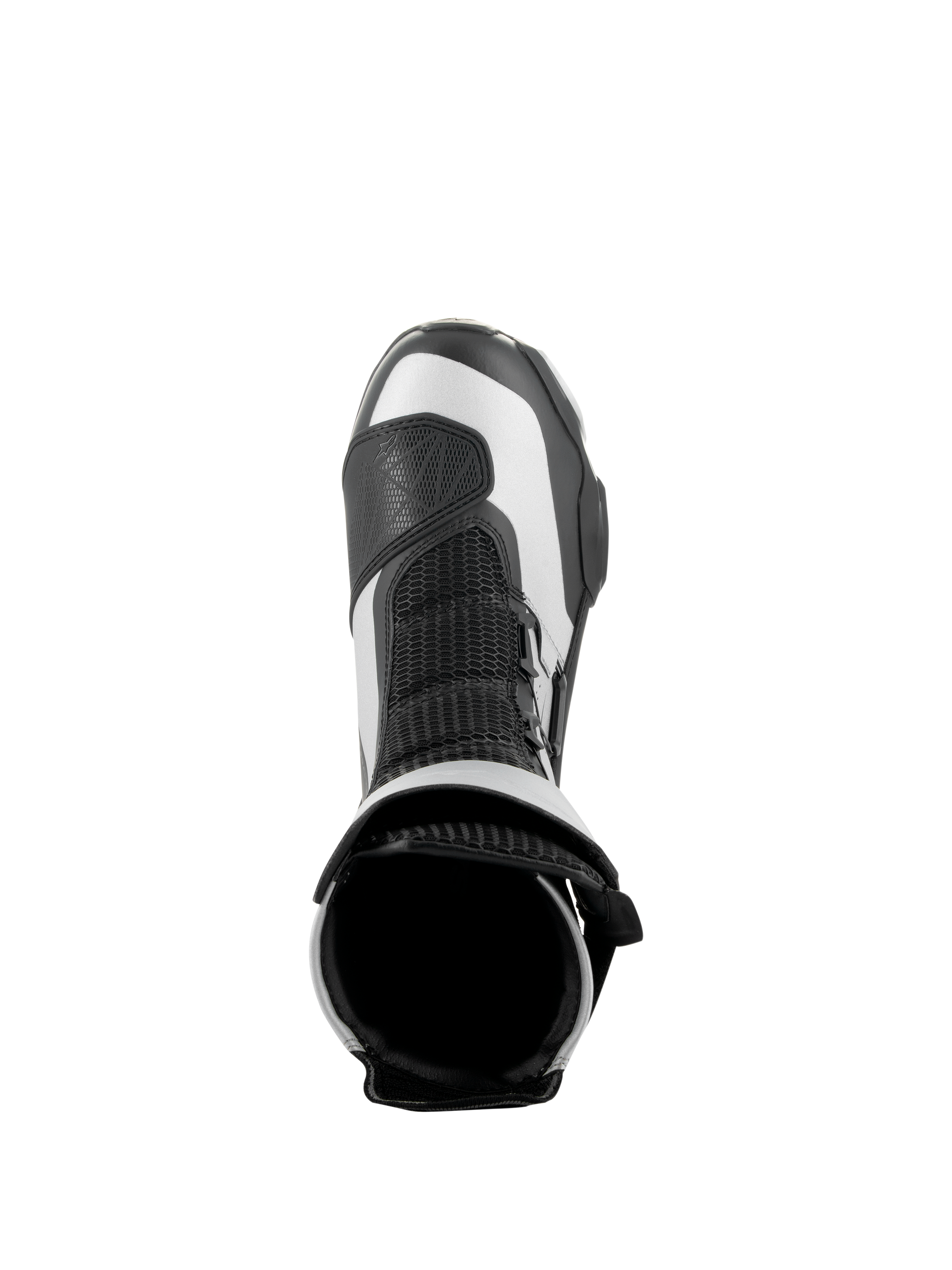 Alpinestars SP-X BOA laarzen, zwart en zilver, bovenaanzicht met de opening aan de bovenkant en de tong van mesh, slanke middelhoge sportmotorlaarzen met geavanceerde microvezel- en Rideknit-constructie