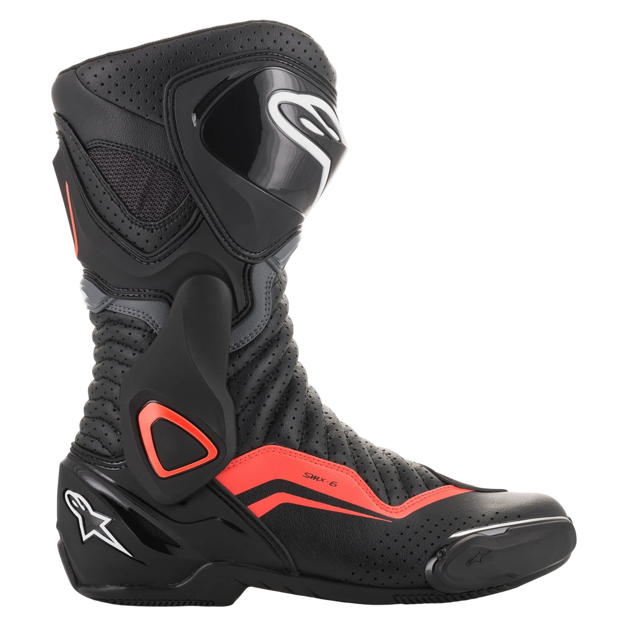 Alpinestars SMX-6 V2 Vented laarzen, motorlaarzen in zwart en fluorescerend rood, ademend microvezel, CE-gecertificeerd.