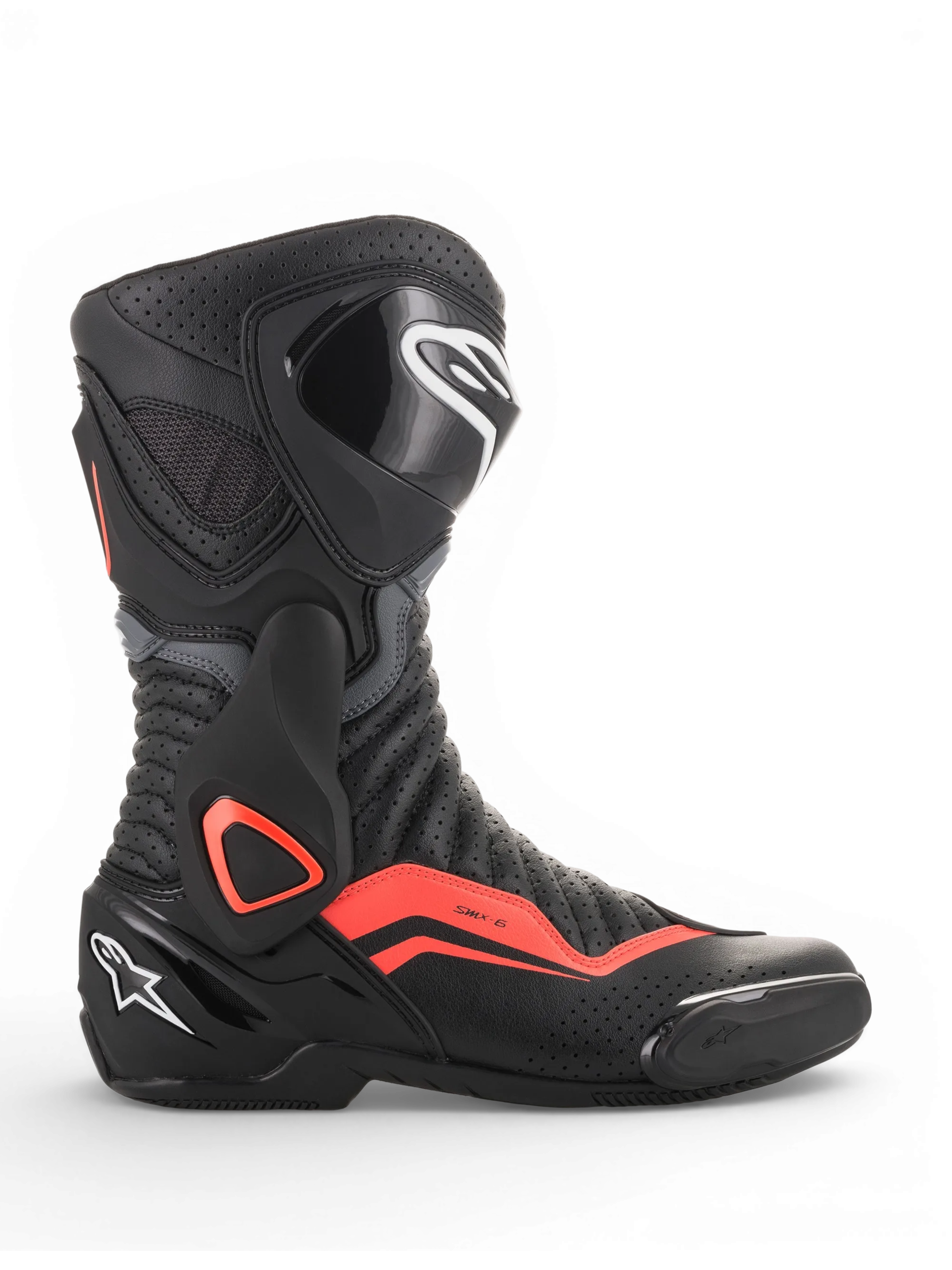 Alpinestars SMX-6 V2 Vented laarzen, zwarte motorlaarzen voor racing met grijze details en fluorescerende rode accenten, geperforeerde ventilatie en enkel- en scheenbeenbescherming