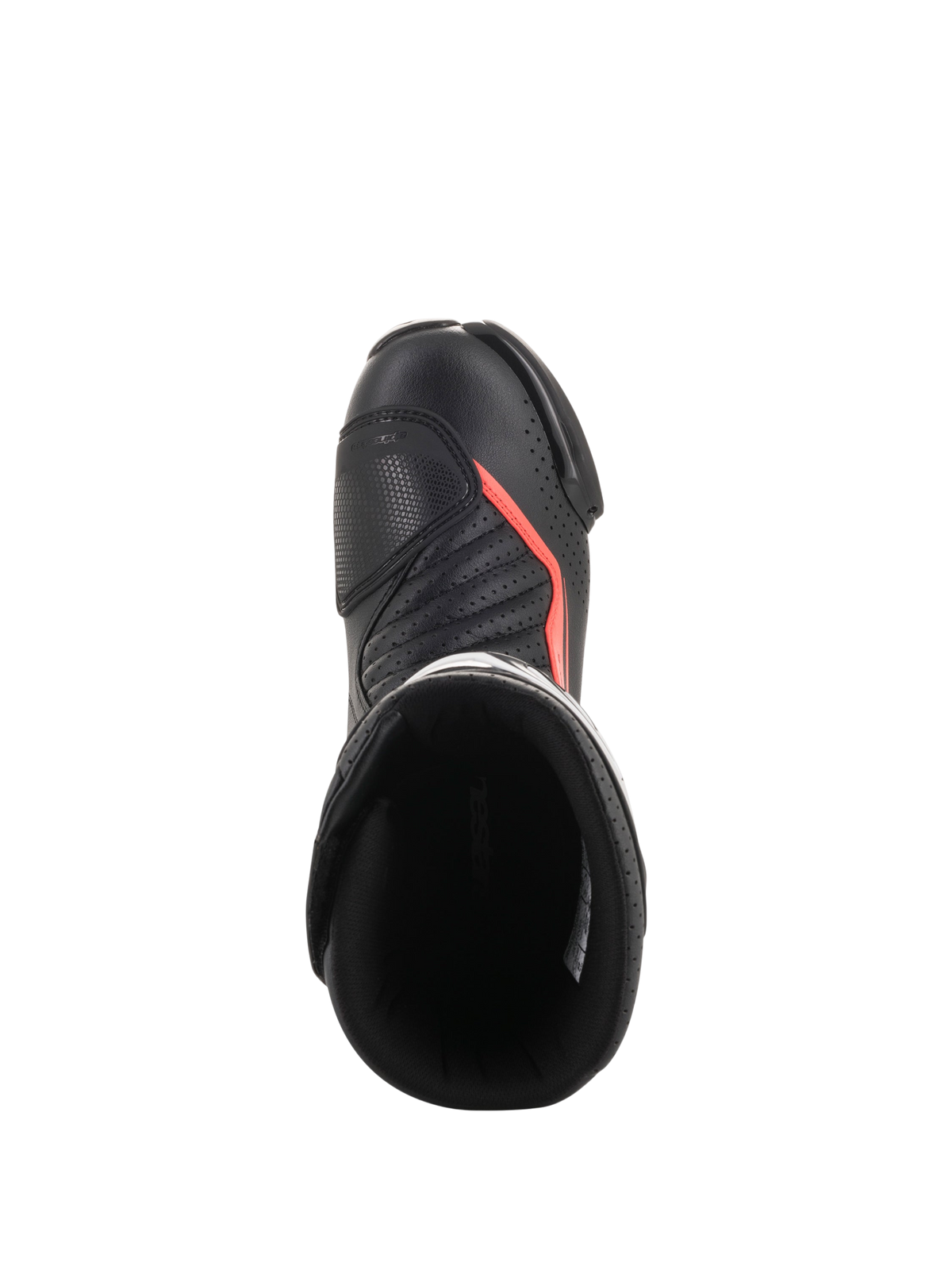 Alpinestars SMX-6 V2 Vented laarzen, zwarte motorlaarzen voor racing met fluorescerend rode accenten, bovenaanzicht met geperforeerd bovenwerk, enkelbescherming en laarsopening