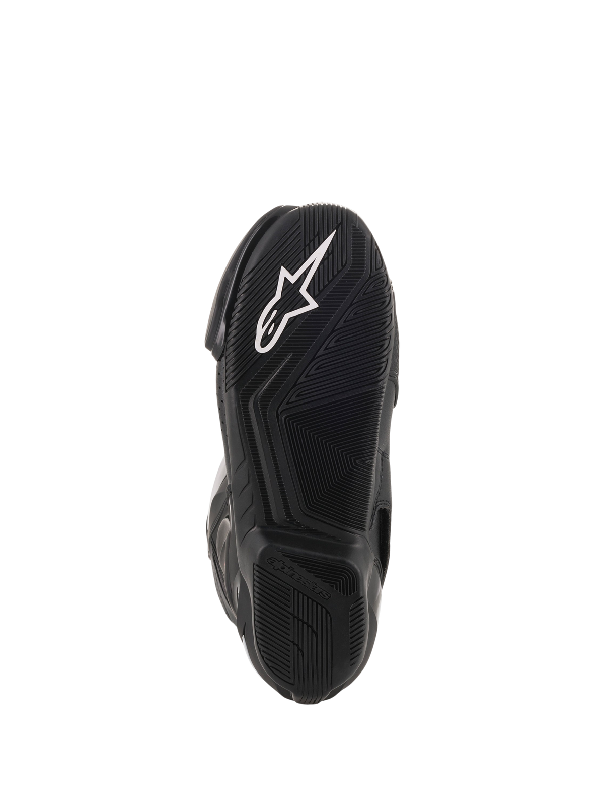 Alpinestars SMX-6 V2 Vented laarzen, zwarte motor-racinglaarzen, close-up van de getextureerde rubberen buitenzool met wit Alpinestars-logo