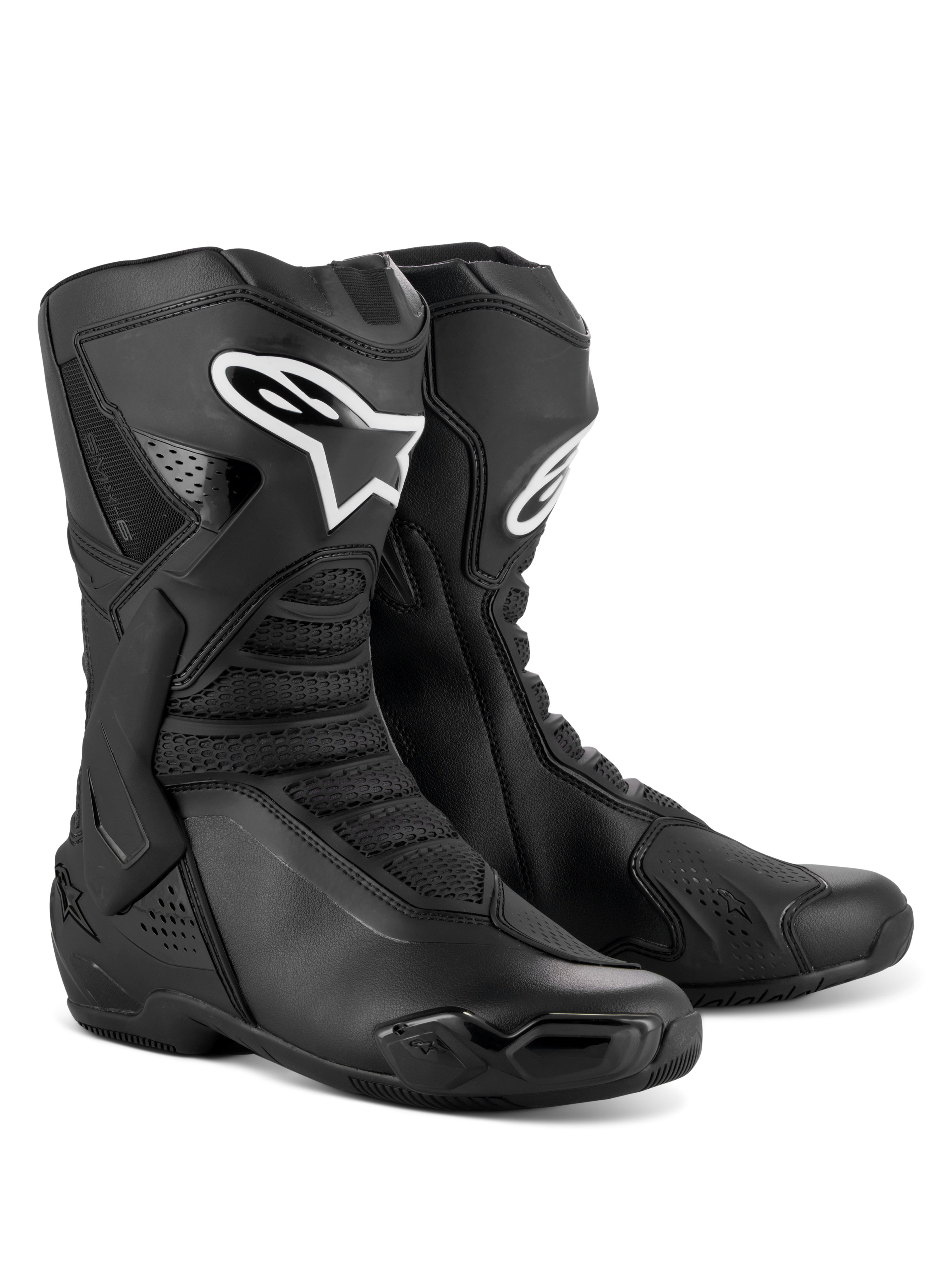 Alpinestars SMX-6 V3 Boots, Performance Motorcycle Riding Boots, Black, featuring TPU shin and ankle protection, flexible mesh panels, ergonomic design for sport and track riding, white Alpinestars logo on shin