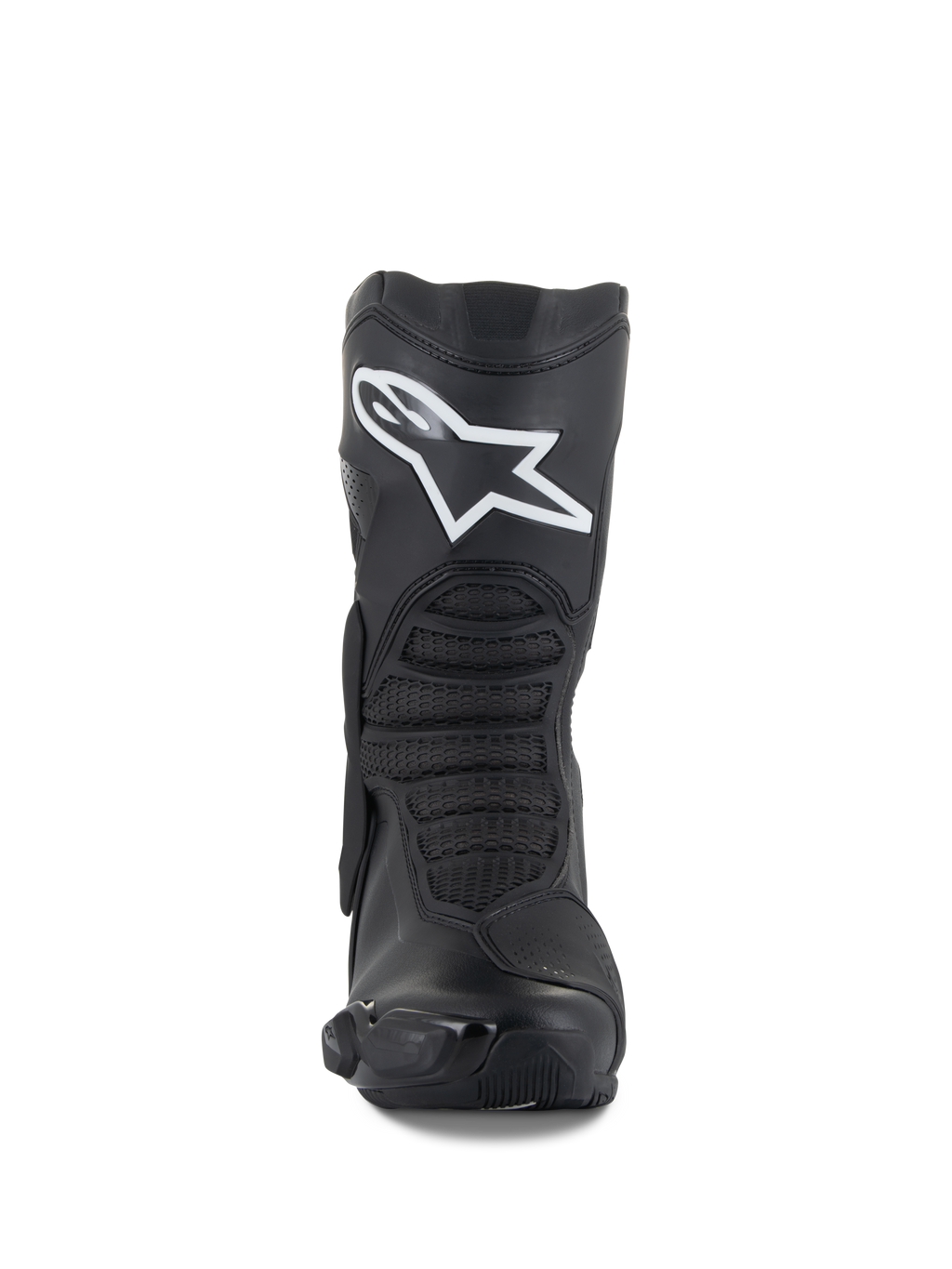 Alpinestars SMX-6 V3 Boots, Black, performance motorcycle riding boots, front view featuring a prominent white Astar logo on the shin, textured front flex zones, and sleek TPU protective elements.