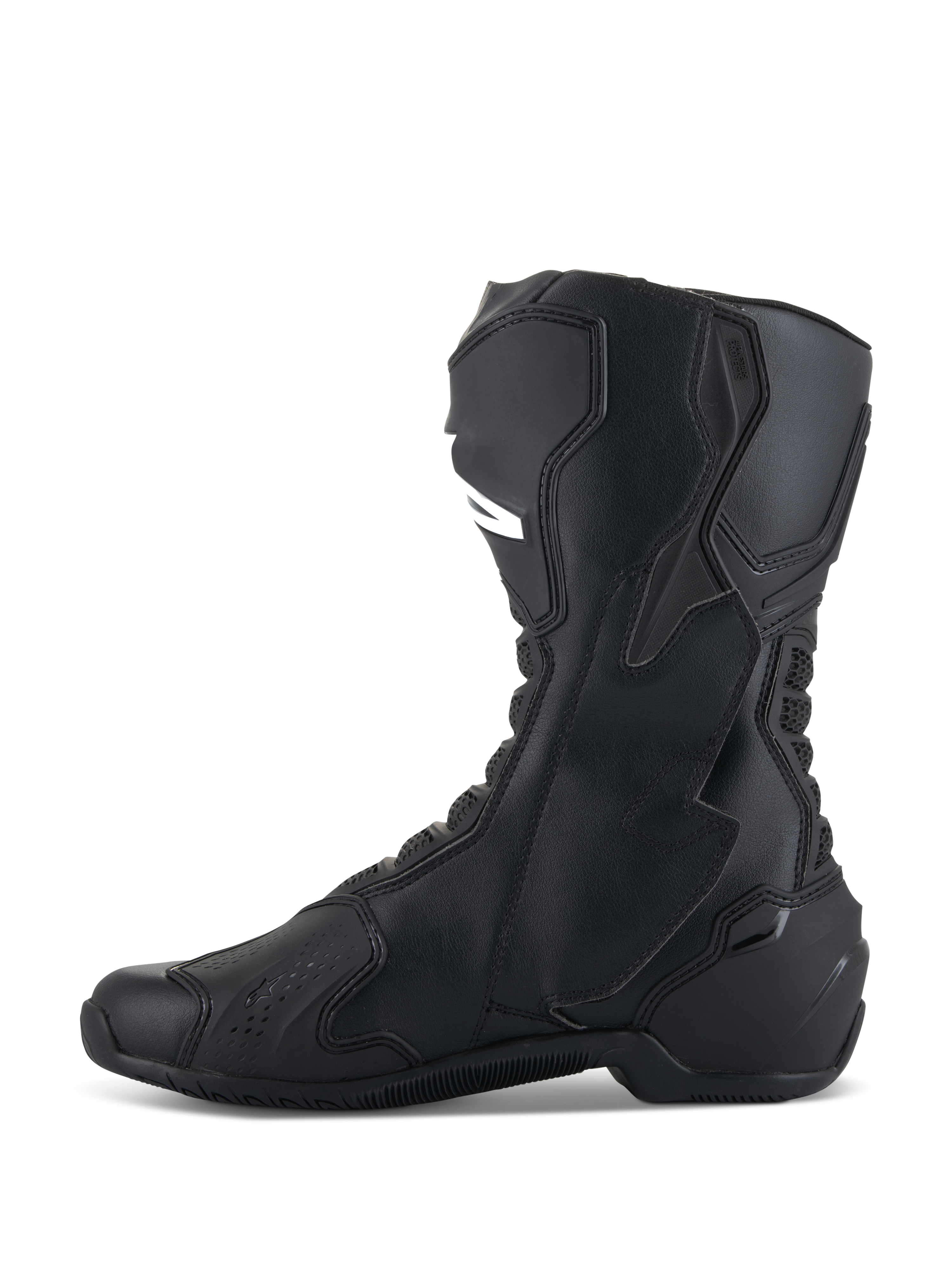 Alpinestars SMX-6 V3 Boots, Black, Performance motorcycle riding boot, side profile showing TPU shin guard and biomechanical ankle brace, microfiber construction with streamlined racing design
