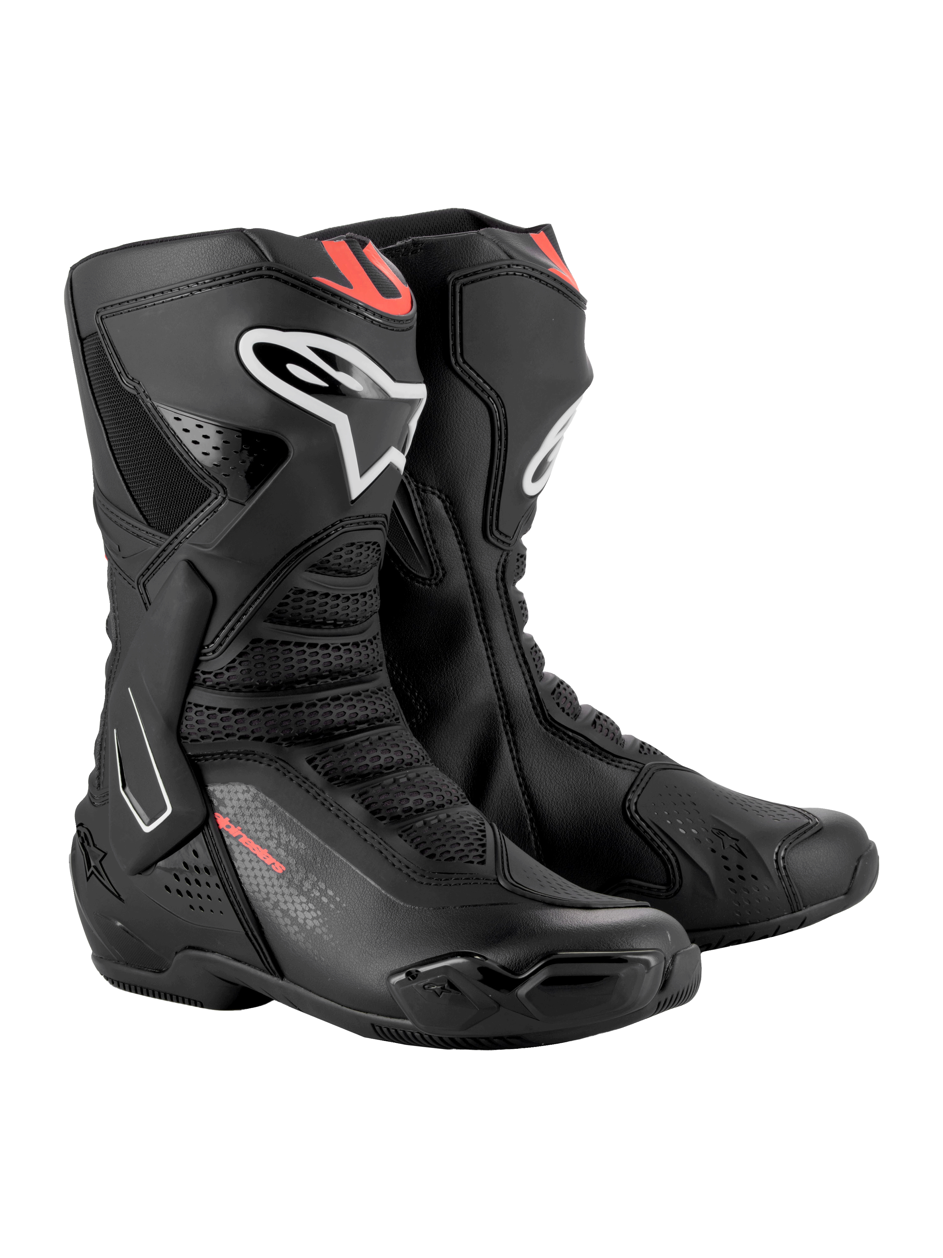 Alpinestars SMX-6 V3 Boots, Black with Red Fluo accents, performance racing and street motorcycle boots, featuring TPU ankle brace and shin protection, sleek microfiber construction with white Alpinestars logo.