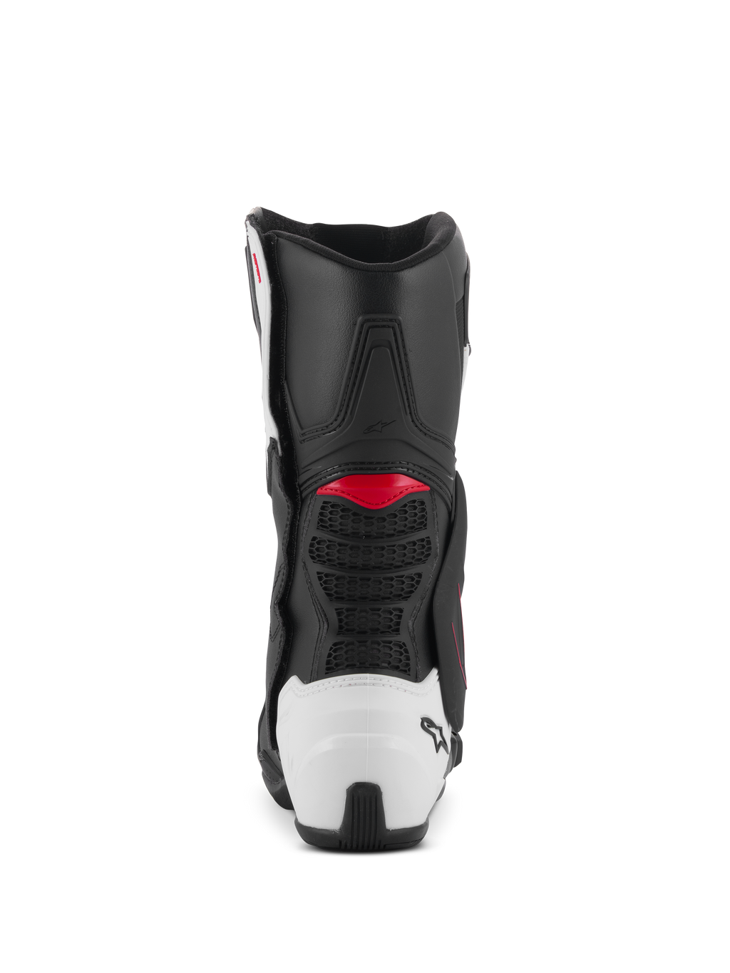 Alpinestars SMX-6 V3 Boots, Performance Riding Boots, Black White and Red Graphic, rear view featuring white TPU heel counter and red accents, designed for motorcycle track and street performance