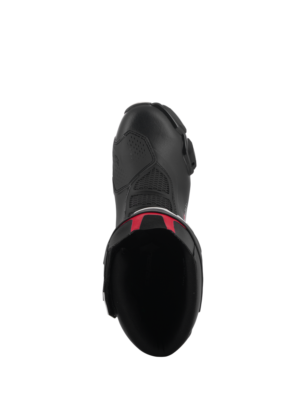 Alpinestars SMX-6 V3 Boots, performance riding boots, Black with Red accents, top-down view showing interior opening and upper microfiber shell, sleek ergonomic design for motorcycle racing