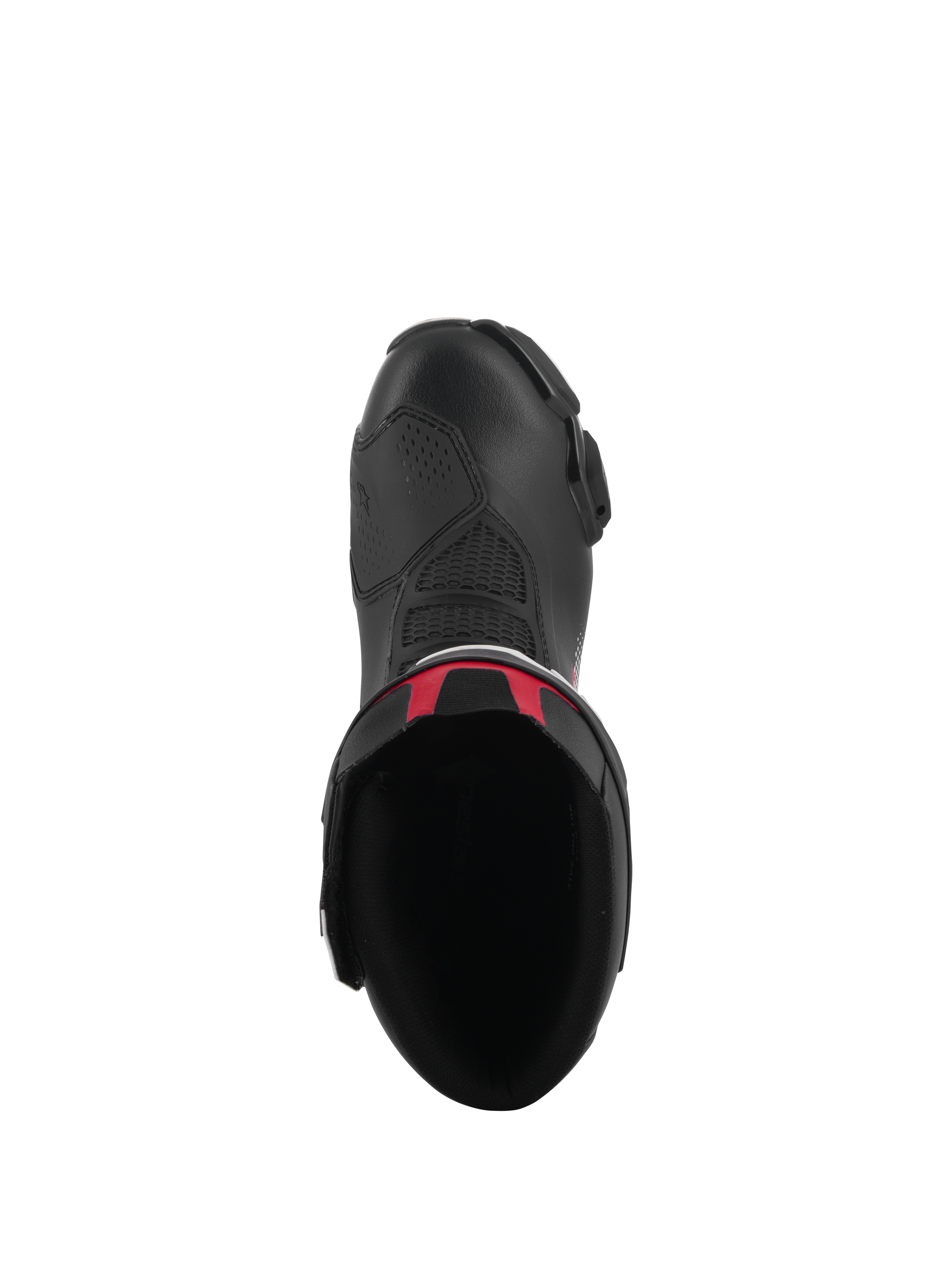 Alpinestars SMX-6 V3 Boots, performance riding boots, Black with Red accents, top-down view showing interior opening and upper microfiber shell, sleek ergonomic design for motorcycle racing