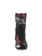 Alpinestars SMX-6 V3 Boots, Motorcycle Racing and Sport Boots, Black Silver and Red, front view featuring TPU shin plate with silver star logo, mesh flex panels, and performance microfiber construction