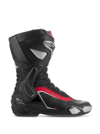 Alpinestars SMX-6 V3 Boots, Motorcycle Racing Boots, Black Silver and Red, side profile view showing TPU lateral ankle brace, replaceable toe slider, and mesh flex zones for track and street performance.