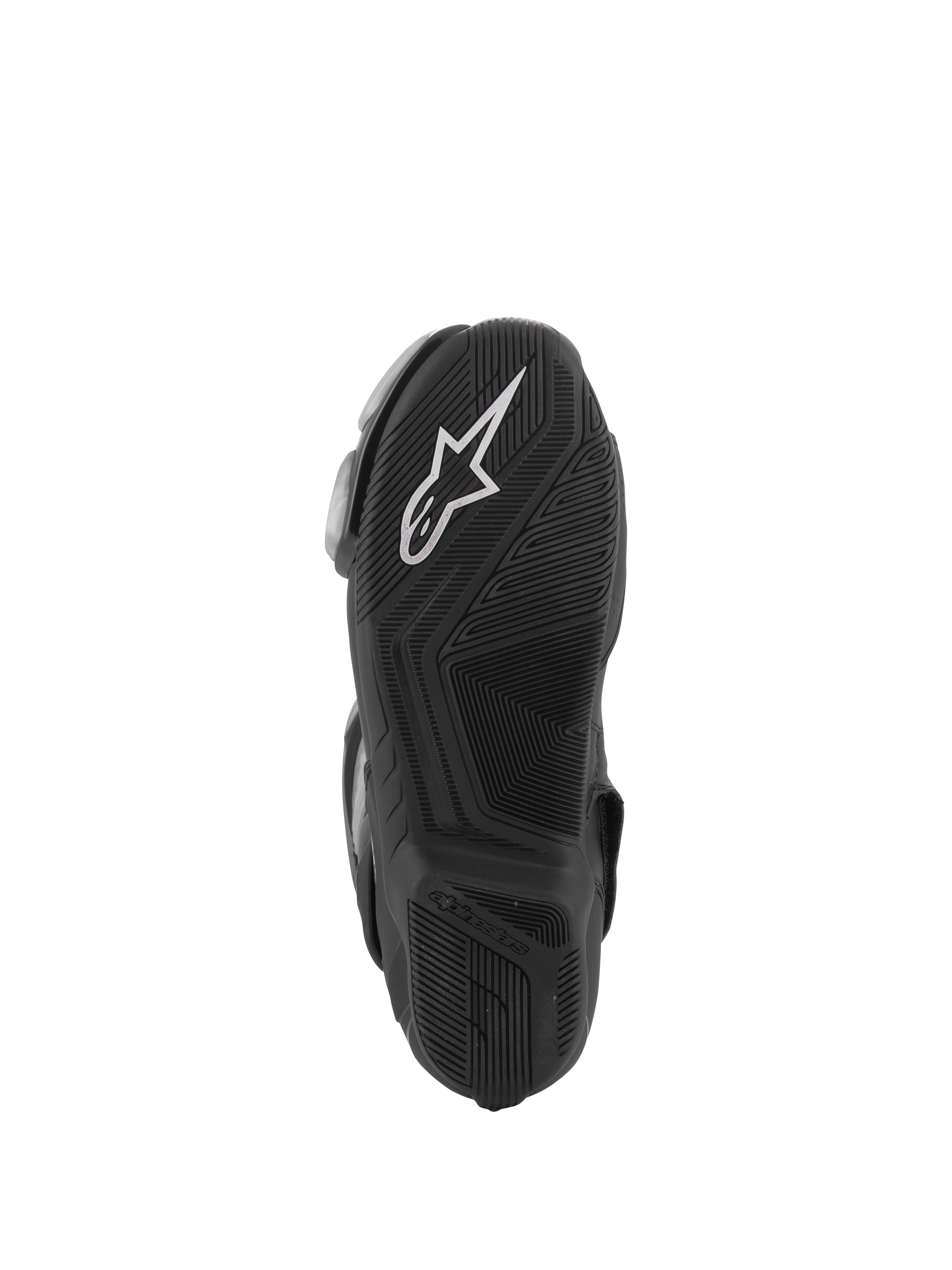 Alpinestars SMX-6 V3 Boots, Black, bottom sole view featuring a textured rubber outsole for grip, white Alpinestars logo on the heel, embossed branding, designed for track and street performance riding.