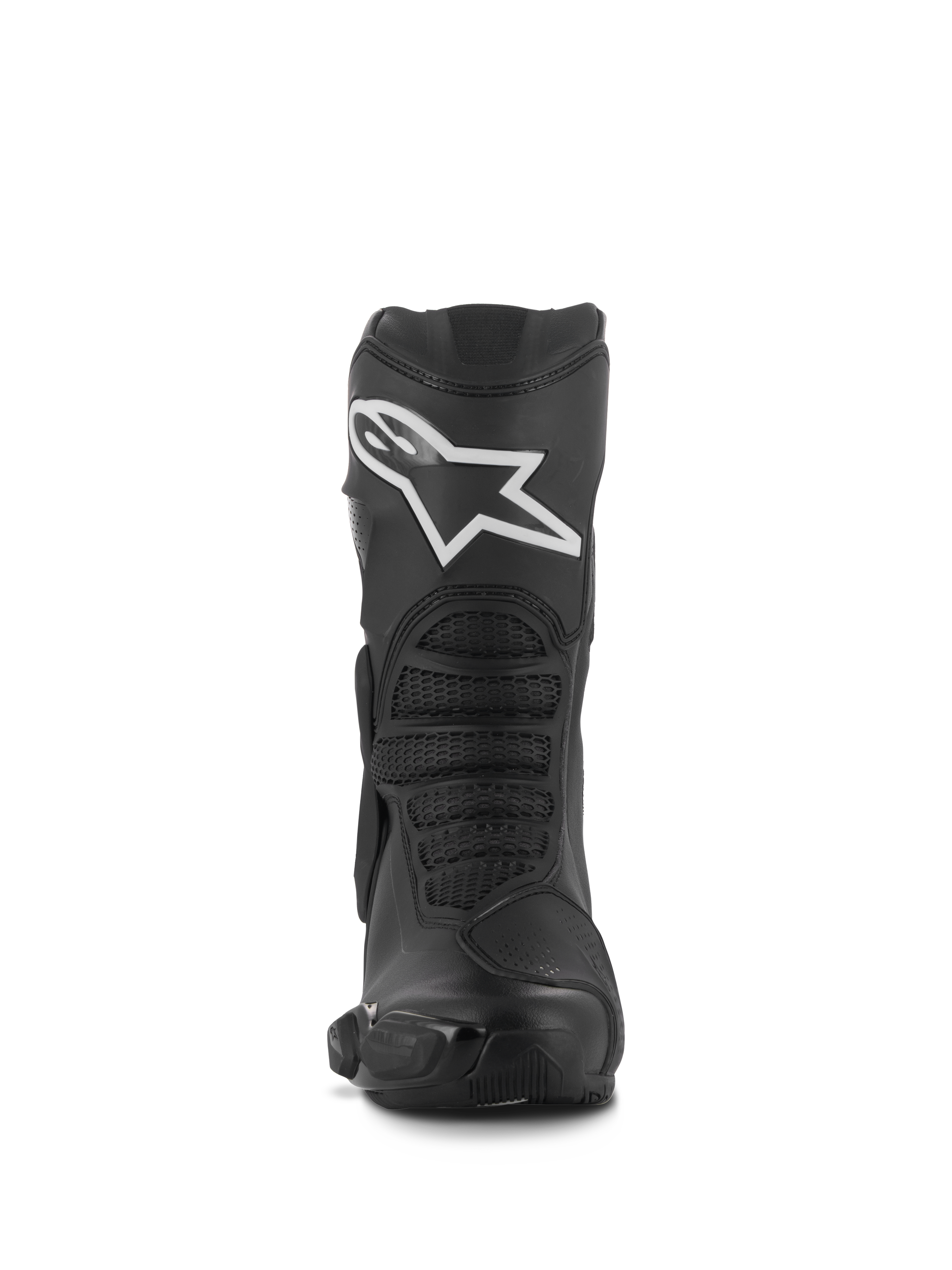 Alpinestars Stella SMX-6 V3 laarzen, performance damesmotorlaarzen, zwart met wit Alpinestars-logo, vooraanzicht met TPU-scheenbeenbeschermer en flexibele mesh-zones, duurzame microvezelconstructie