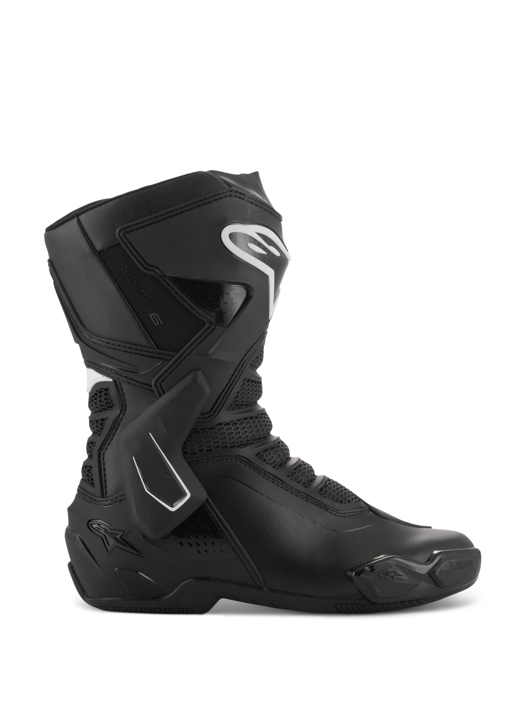 Alpinestars Stella SMX-6 V3 laarzen, dames motorracinglaarzen, zwart en wit, zijaanzicht met TPU-enkelbrace en scheenbeschermers, ademende mesh-panelen, wit Alpinestars logo op de voorzijde, ontworpen voor circuit- en straatprestaties