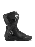 Alpinestars Stella SMX-6 V3 laarzen, dames motorracinglaarzen, zwart en wit, zijaanzicht met TPU-enkelbrace en scheenbeschermers, ademende mesh-panelen, wit Alpinestars logo op de voorzijde, ontworpen voor circuit- en straatprestaties
