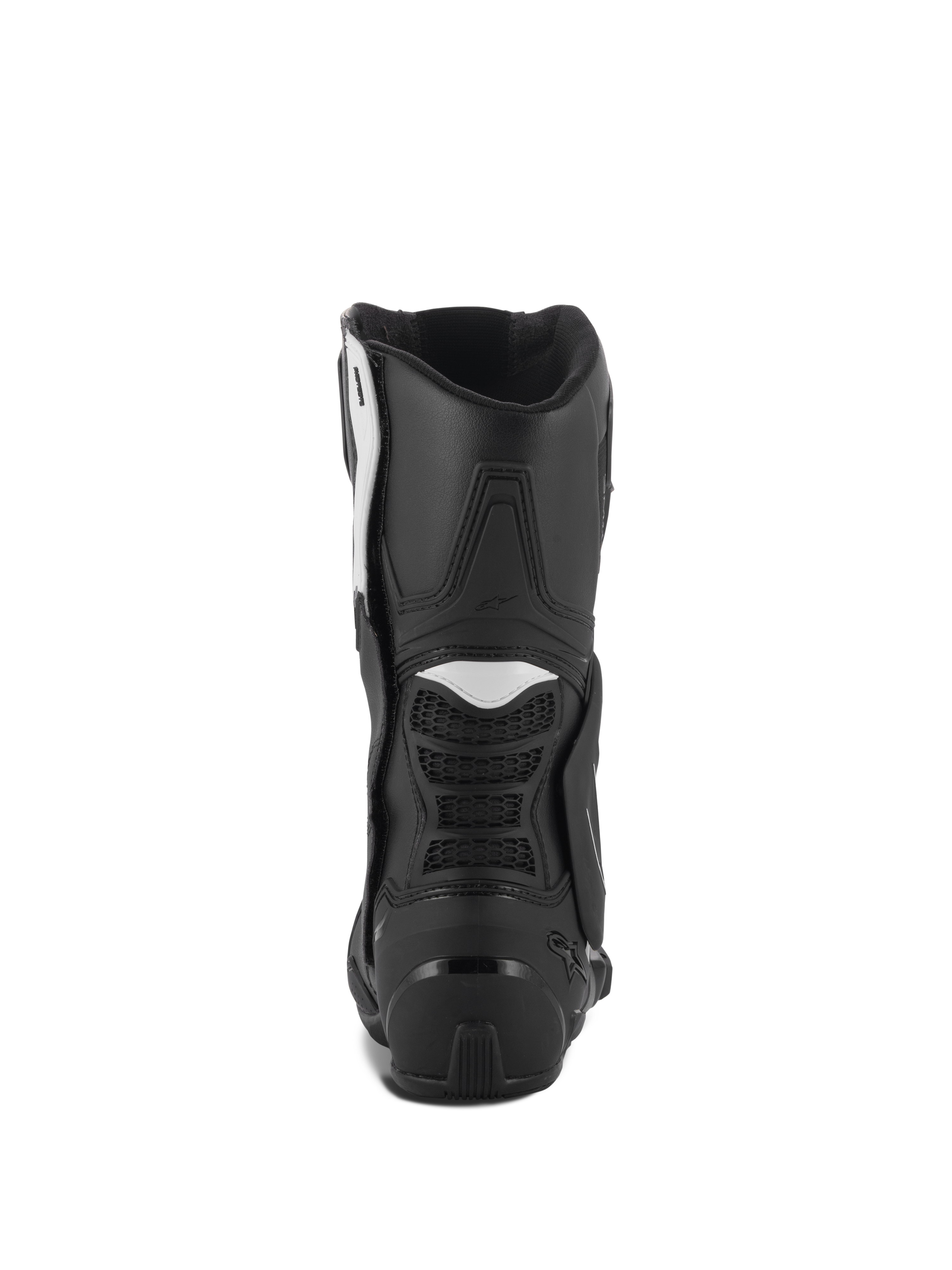 Alpinestars Stella SMX-6 V3 laarzen, motorlaarzen voor dames, zwart en wit, achteraanzicht met TPU-hielbeschermer en flexibele accordeonpanelen, duurzaam prestatiegericht ontwerp