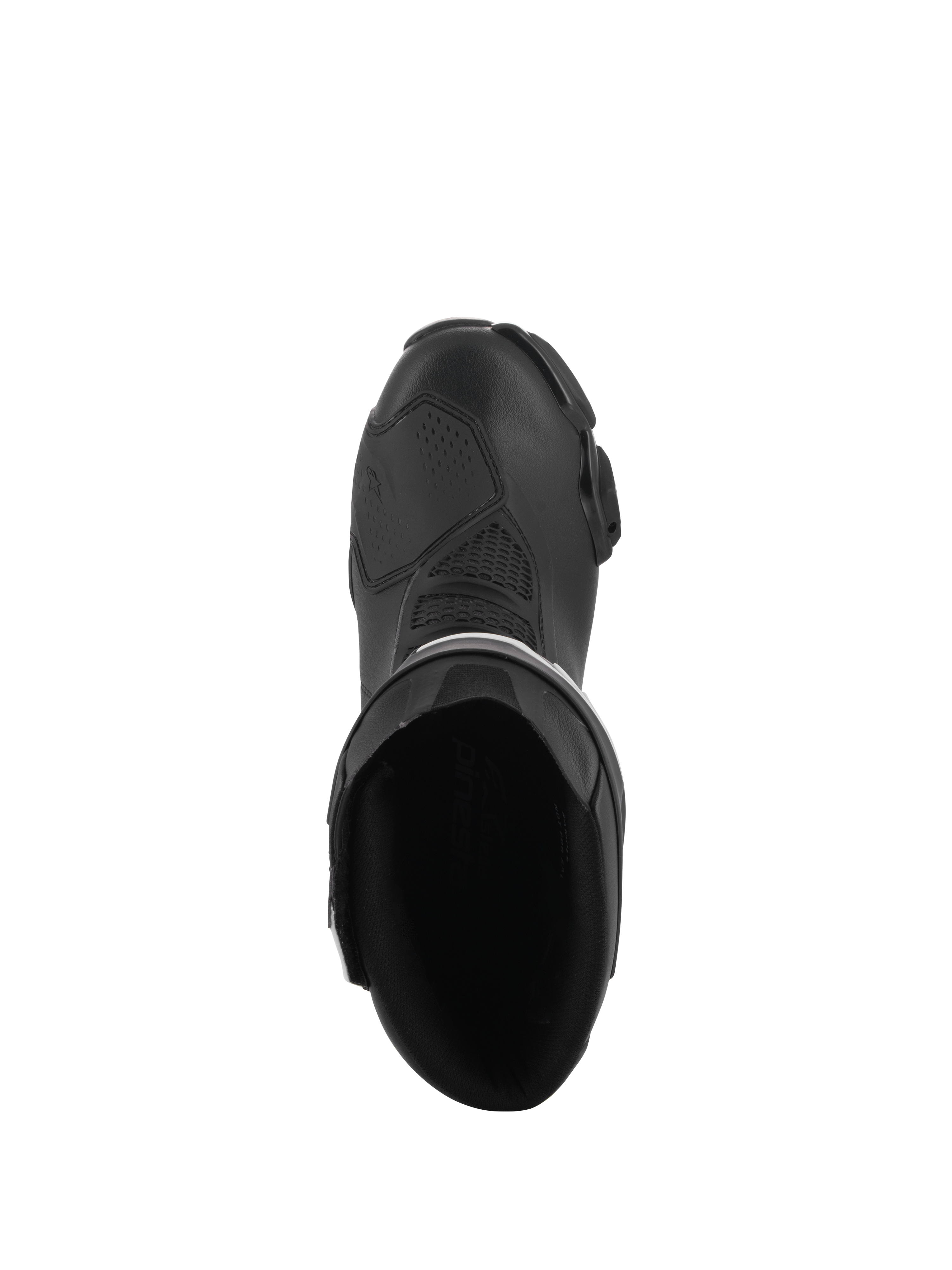 Alpinestars Stella SMX-6 V3 laarzen, performance motorlaarzen voor dames, zwart, bovenaanzicht met de binnenopening, versterkte schakelzone en gestroomlijnd ergonomisch ontwerp.