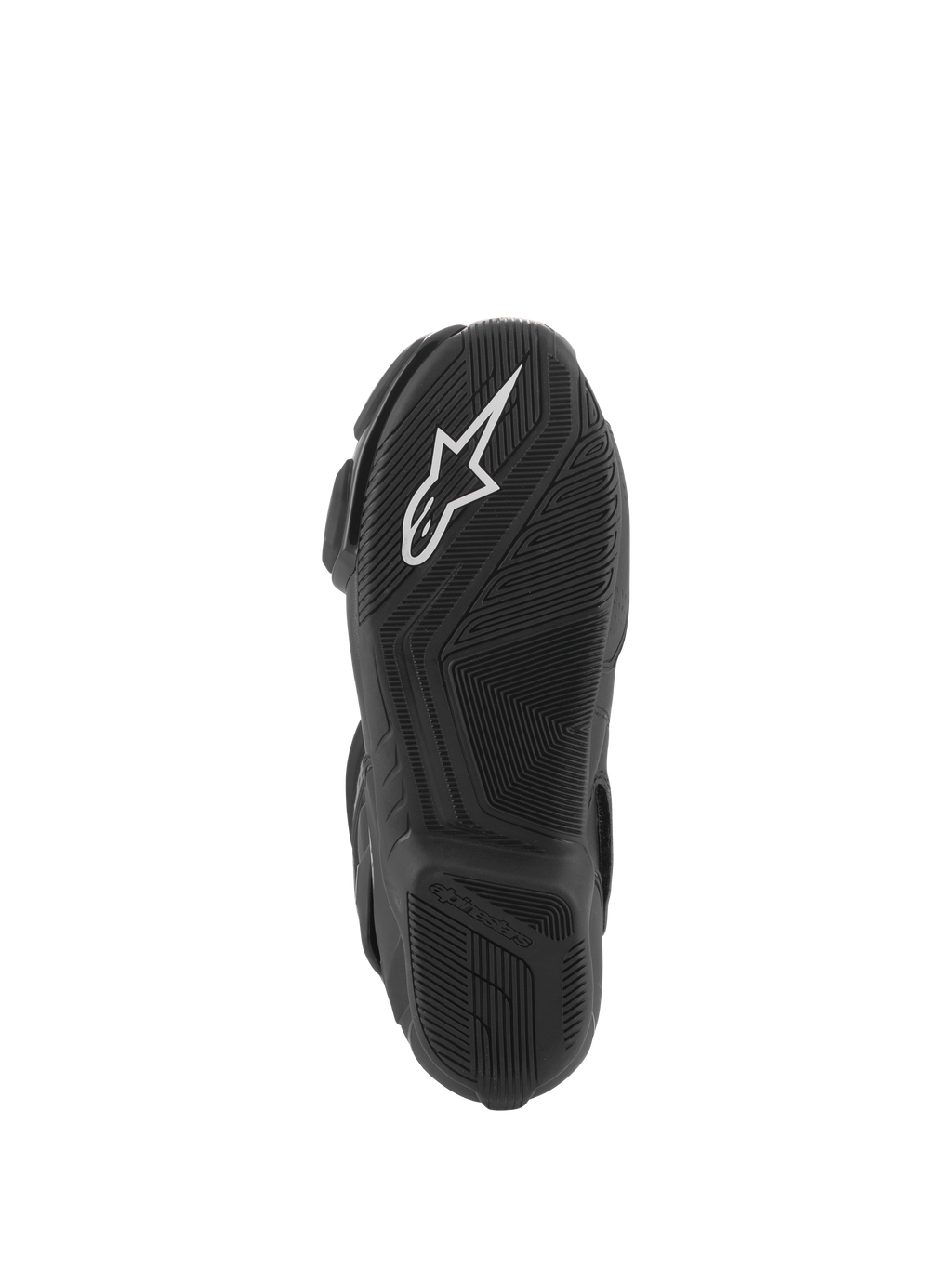 Alpinestars Stella SMX-6 V3 laarzen, onderaanzicht van de zool, zwart lichtgewicht rubbermengsel met getextureerde grip, wit Alpinestars-logo, ontworpen voor circuit- en straatprestaties