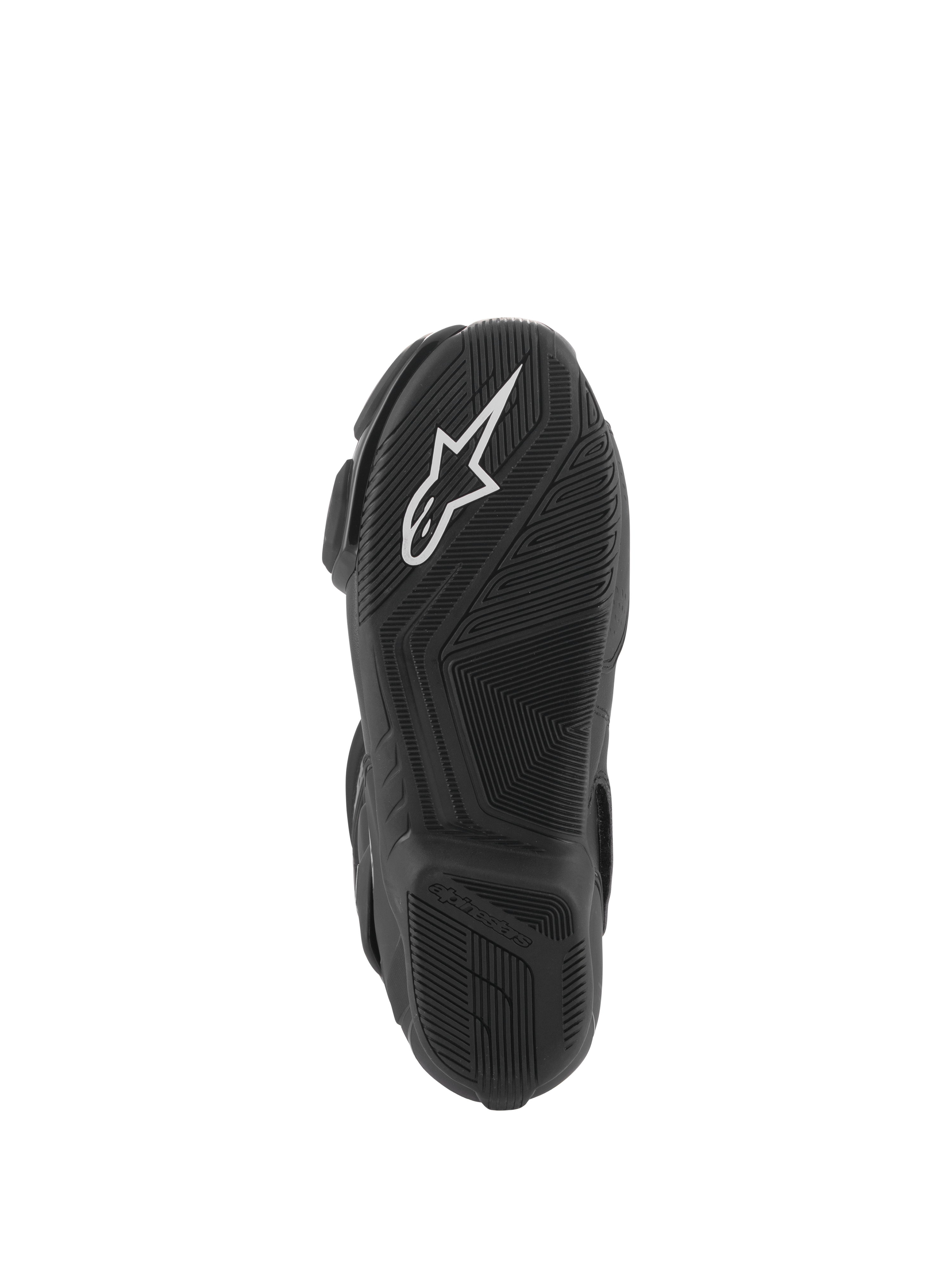 Alpinestars Stella SMX-6 V3 laarzen, onderaanzicht van de zool, zwart lichtgewicht rubbermengsel met getextureerde grip, wit Alpinestars-logo, ontworpen voor circuit- en straatprestaties
