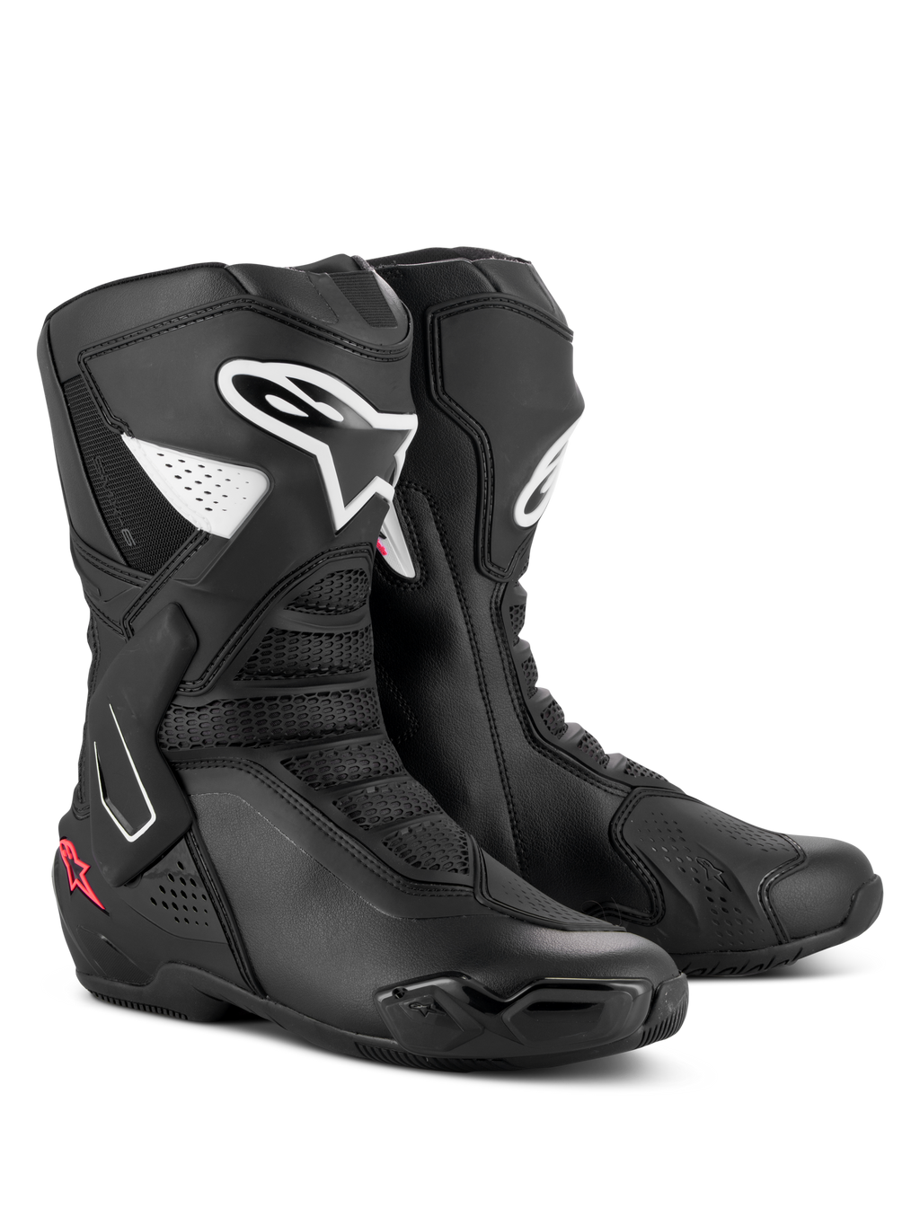 Alpinestars Stella SMX-6 V3 laarzen, performance motorlaarzen voor dames, zwart, wit en Diva Pink, met witte Alpinestars-logo's en roze steraccenten, slanke microvezelconstructie met TPU-protectoren voor prestaties op het circuit en de straat