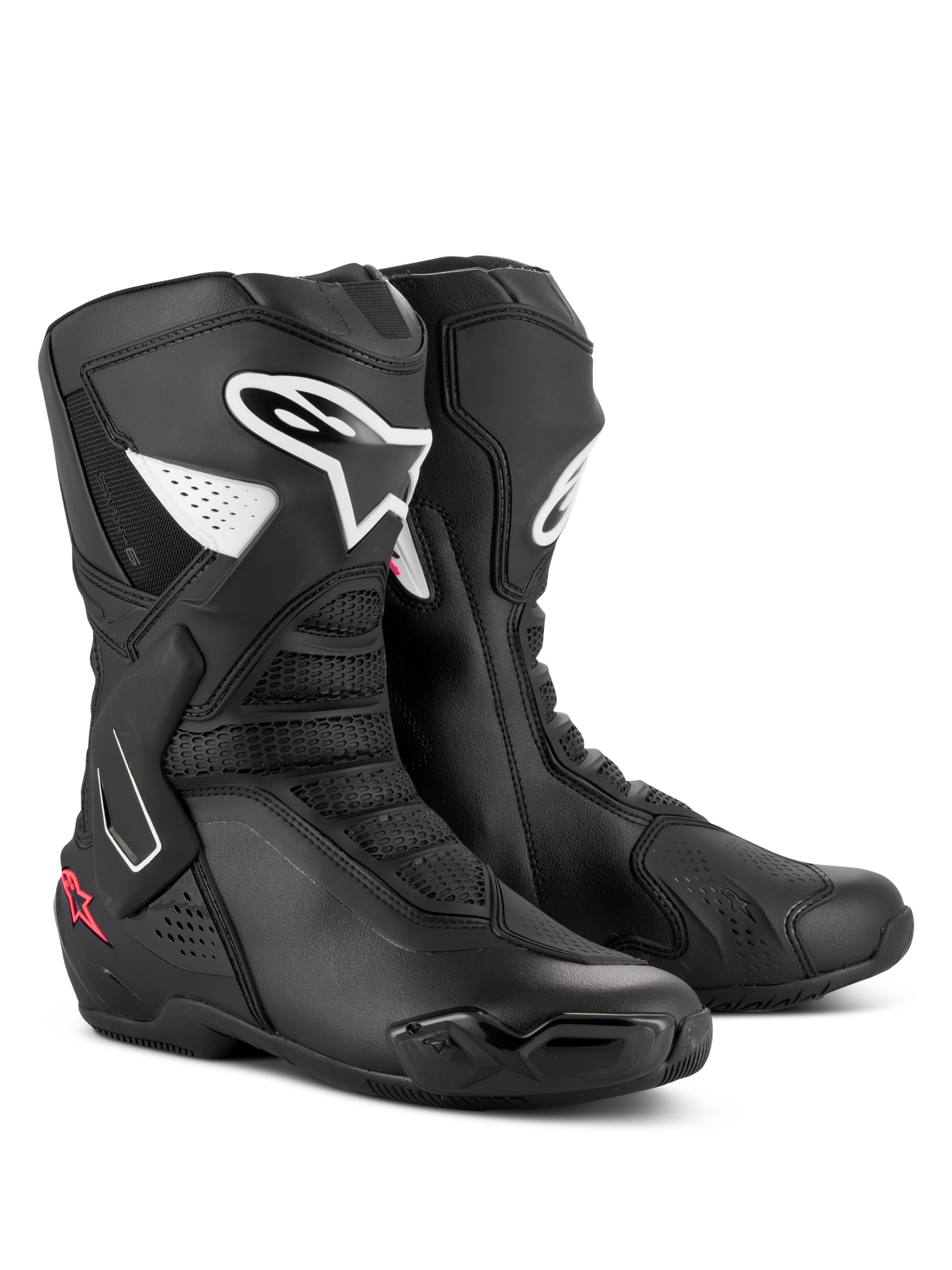 Alpinestars Stella SMX-6 V3 laarzen, performance motorlaarzen voor dames, zwart, wit en Diva Pink, met witte Alpinestars-logo's en roze steraccenten, slanke microvezelconstructie met TPU-protectoren voor prestaties op het circuit en de straat
