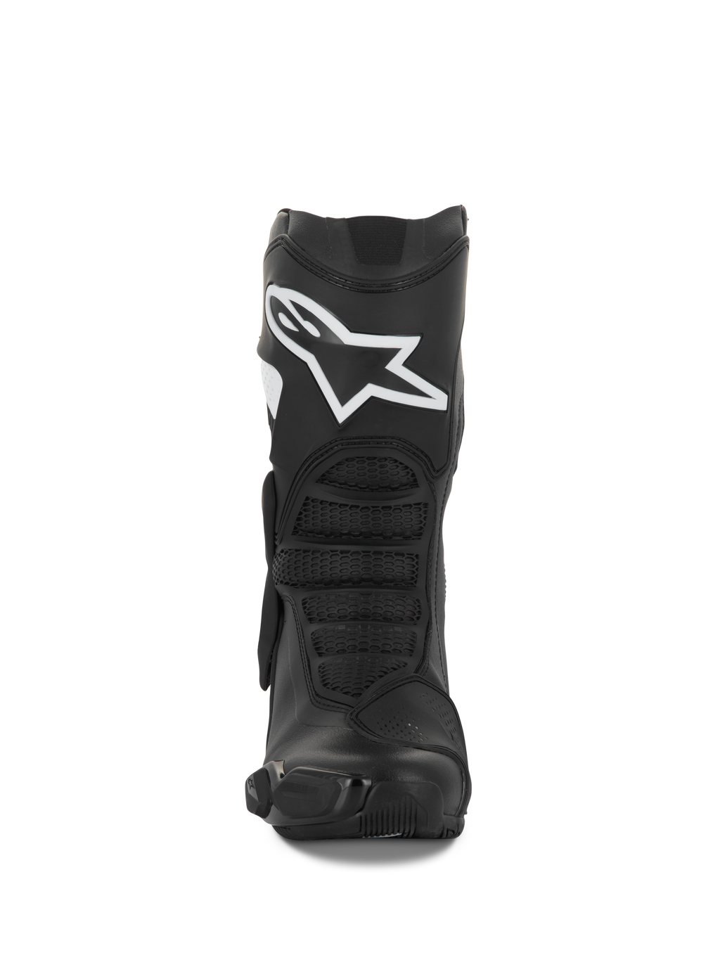 Alpinestars Stella SMX-6 V3 laarzen, dames motorlaarzen, zwart en wit, vooraanzicht met het witte Alpinestars-logo op het scheenbeen, TPU-bescherming en ergonomische flexpanelen, ontworpen voor prestaties op het circuit en de straat.