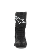 Alpinestars Stella SMX-6 V3 laarzen, dames motorlaarzen, zwart en wit, vooraanzicht met het witte Alpinestars-logo op het scheenbeen, TPU-bescherming en ergonomische flexpanelen, ontworpen voor prestaties op het circuit en de straat.