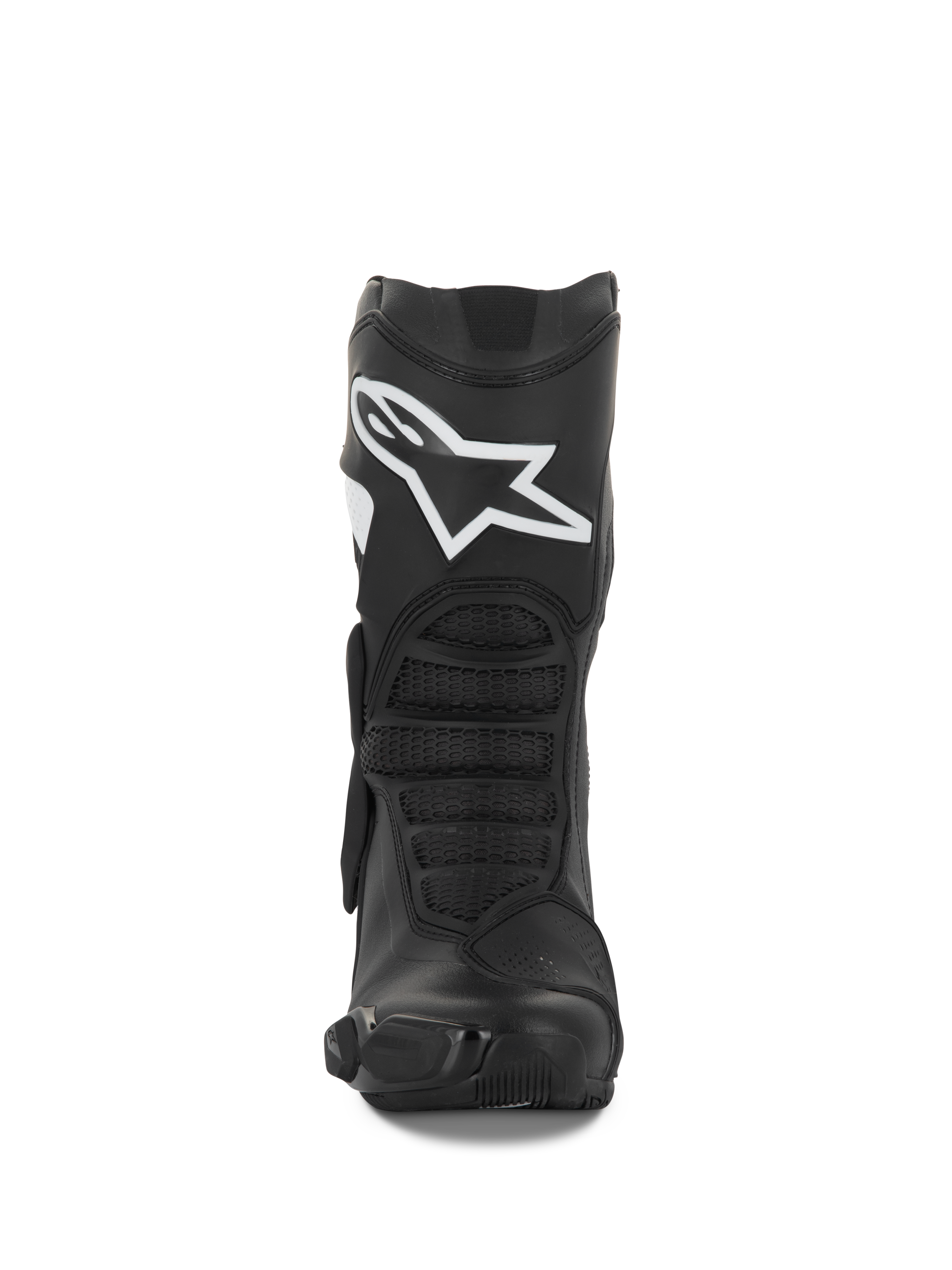 Alpinestars Stella SMX-6 V3 laarzen, dames motorlaarzen, zwart en wit, vooraanzicht met het witte Alpinestars-logo op het scheenbeen, TPU-bescherming en ergonomische flexpanelen, ontworpen voor prestaties op het circuit en de straat.