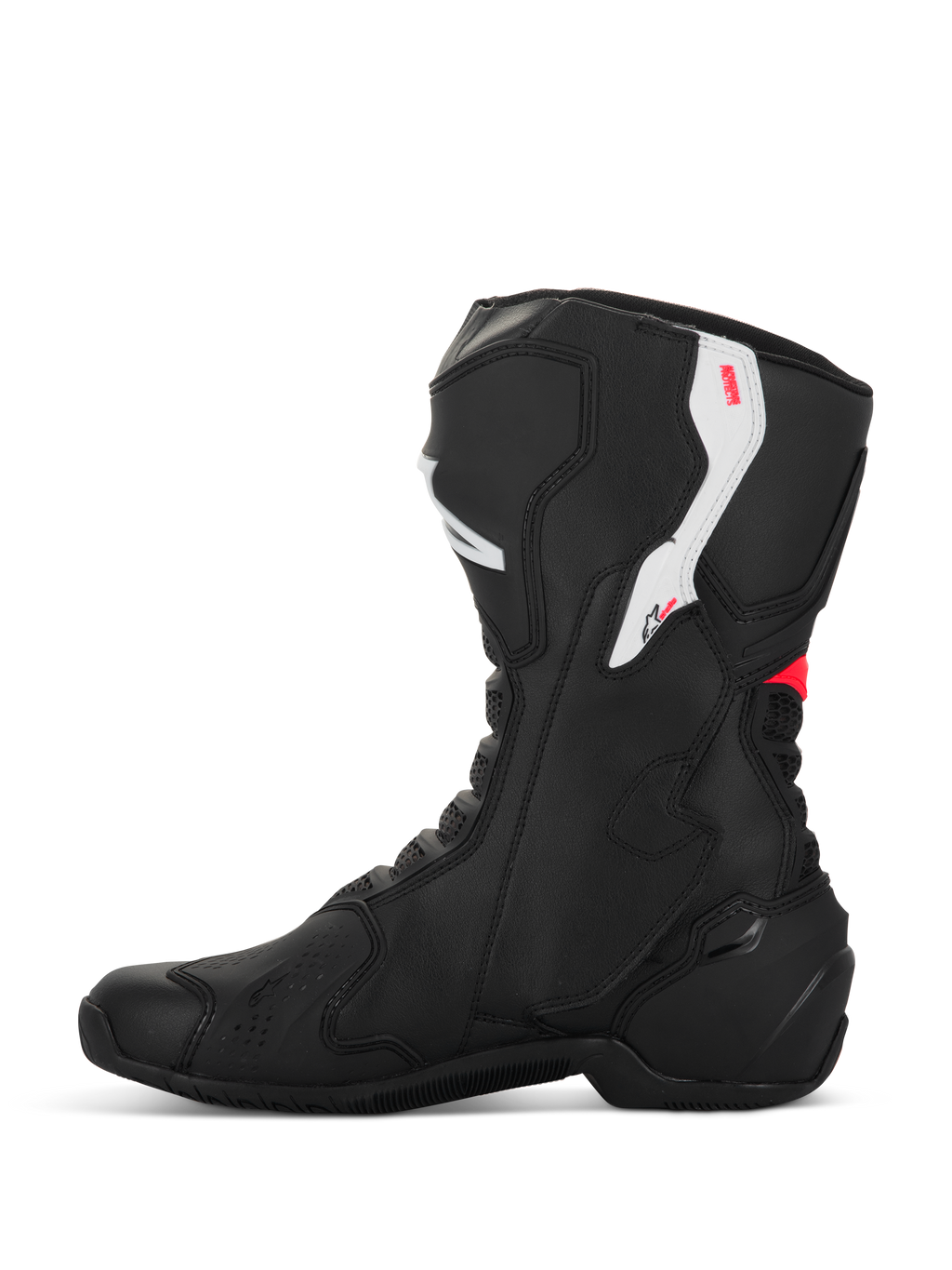 Alpinestars Stella SMX-6 V3 laarzen, dames motorlaarzen, zwart wit en Diva Pink, zijaanzicht, voorzien van microvezelconstructie, TPU enkel- en scheenbeenbescherming en een gestroomlijnd performance-ontwerp voor op het circuit en de straat.