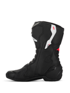 Alpinestars Stella SMX-6 V3 laarzen, dames motorlaarzen, zwart wit en Diva Pink, zijaanzicht, voorzien van microvezelconstructie, TPU enkel- en scheenbeenbescherming en een gestroomlijnd performance-ontwerp voor op het circuit en de straat.