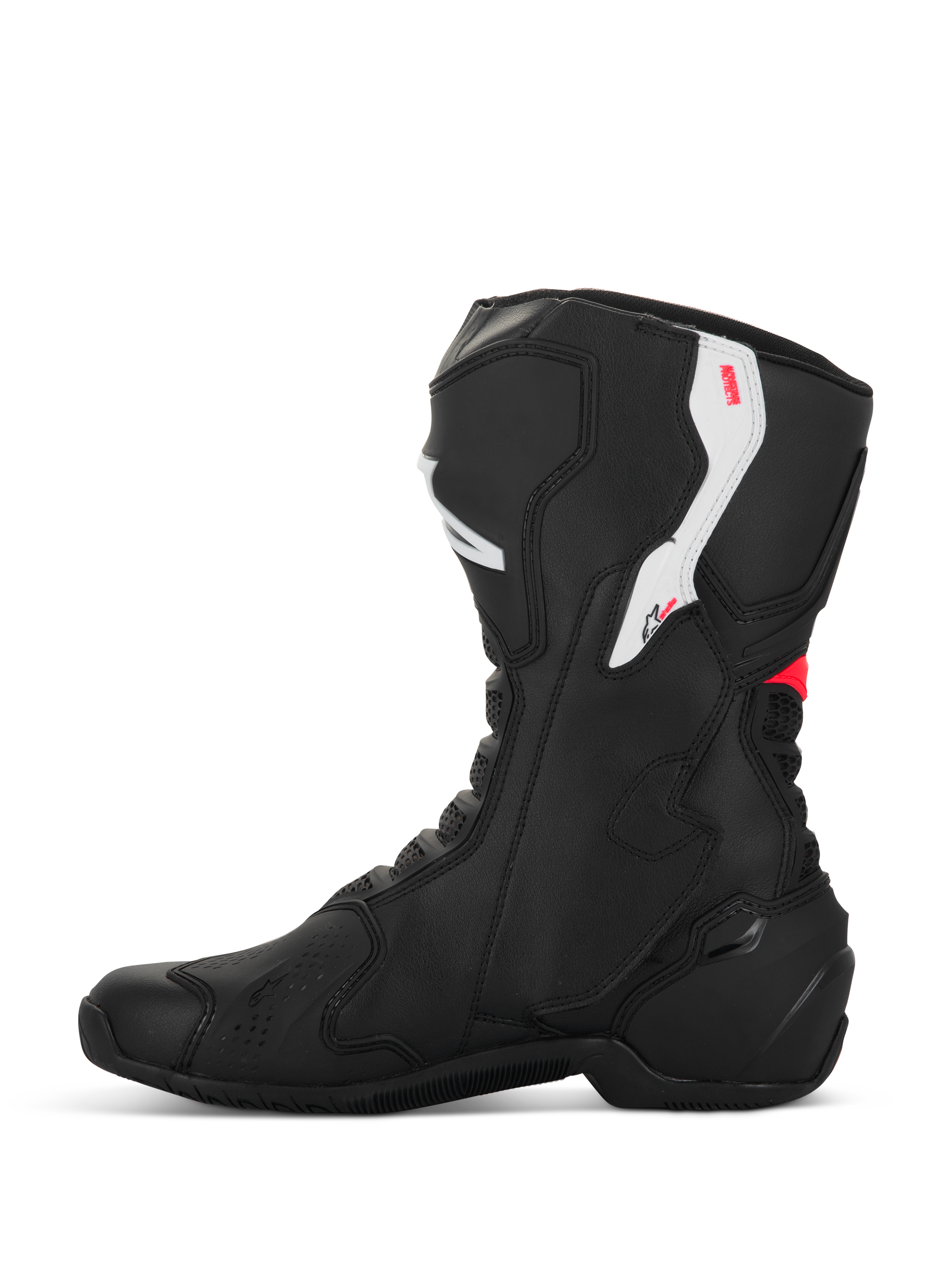 Alpinestars Stella SMX-6 V3 laarzen, dames motorlaarzen, zwart wit en Diva Pink, zijaanzicht, voorzien van microvezelconstructie, TPU enkel- en scheenbeenbescherming en een gestroomlijnd performance-ontwerp voor op het circuit en de straat.