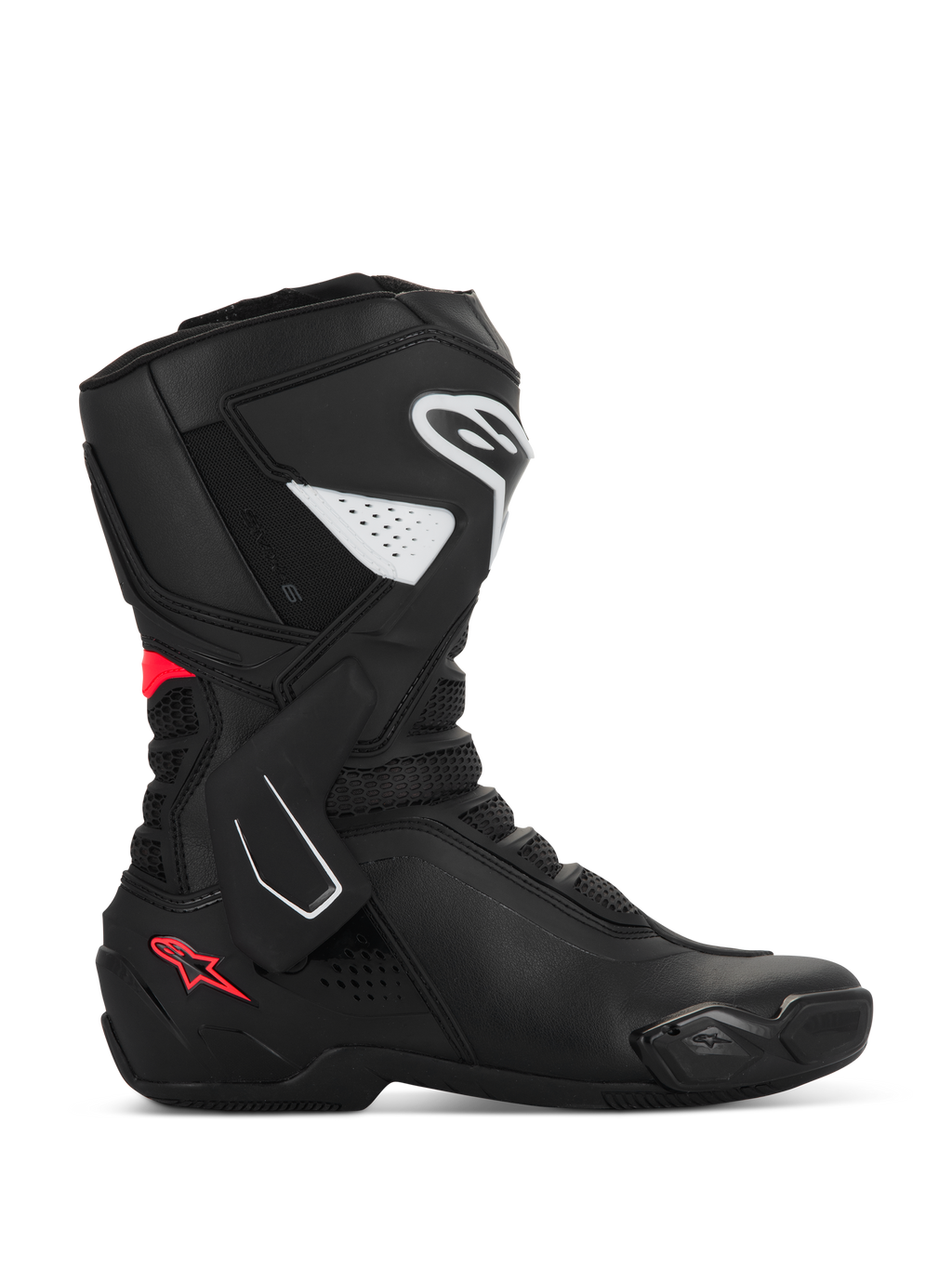 Alpinestars Stella SMX-6 V3 laarzen, sportieve motorlaarzen voor dames, zwart met witte en Diva Pink accenten, zijprofiel met TPU scheenbeen- en enkelbescherming, mesh flexpanelen en een hoogwaardige microvezelconstructie voor circuit en straat.