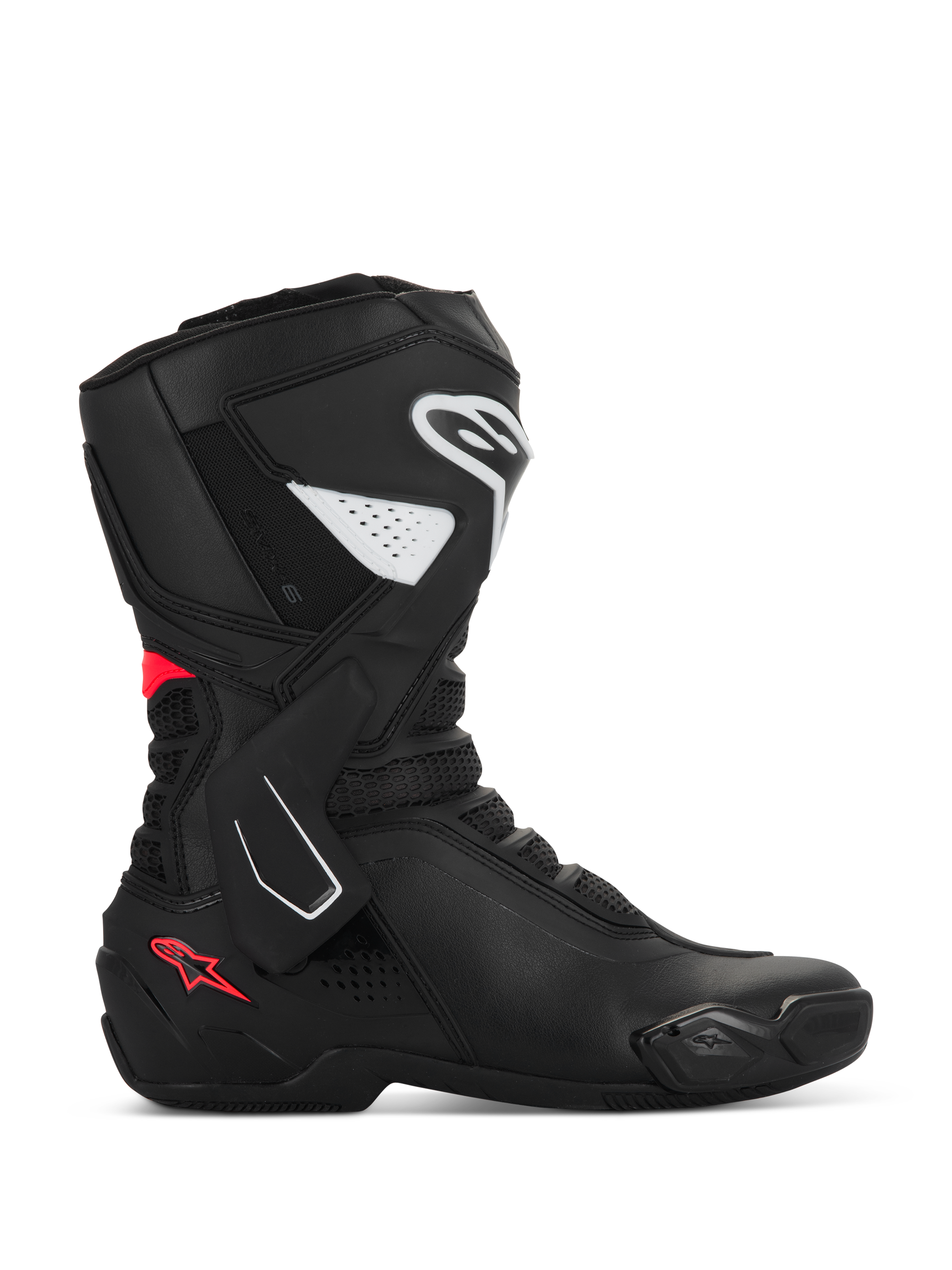 Alpinestars Stella SMX-6 V3 laarzen, sportieve motorlaarzen voor dames, zwart met witte en Diva Pink accenten, zijprofiel met TPU scheenbeen- en enkelbescherming, mesh flexpanelen en een hoogwaardige microvezelconstructie voor circuit en straat.
