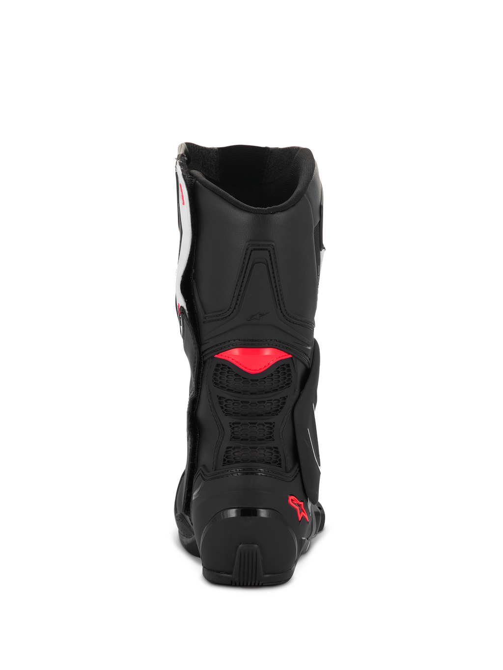 Alpinestars Stella SMX-6 V3 laarzen, Black White Diva Pink, achteraanzicht met zwarte microvezelconstructie, roze TPU-accenten op de kuit en hiel, geïntegreerde mesh-ventilatie voor sportieve rijprestaties
