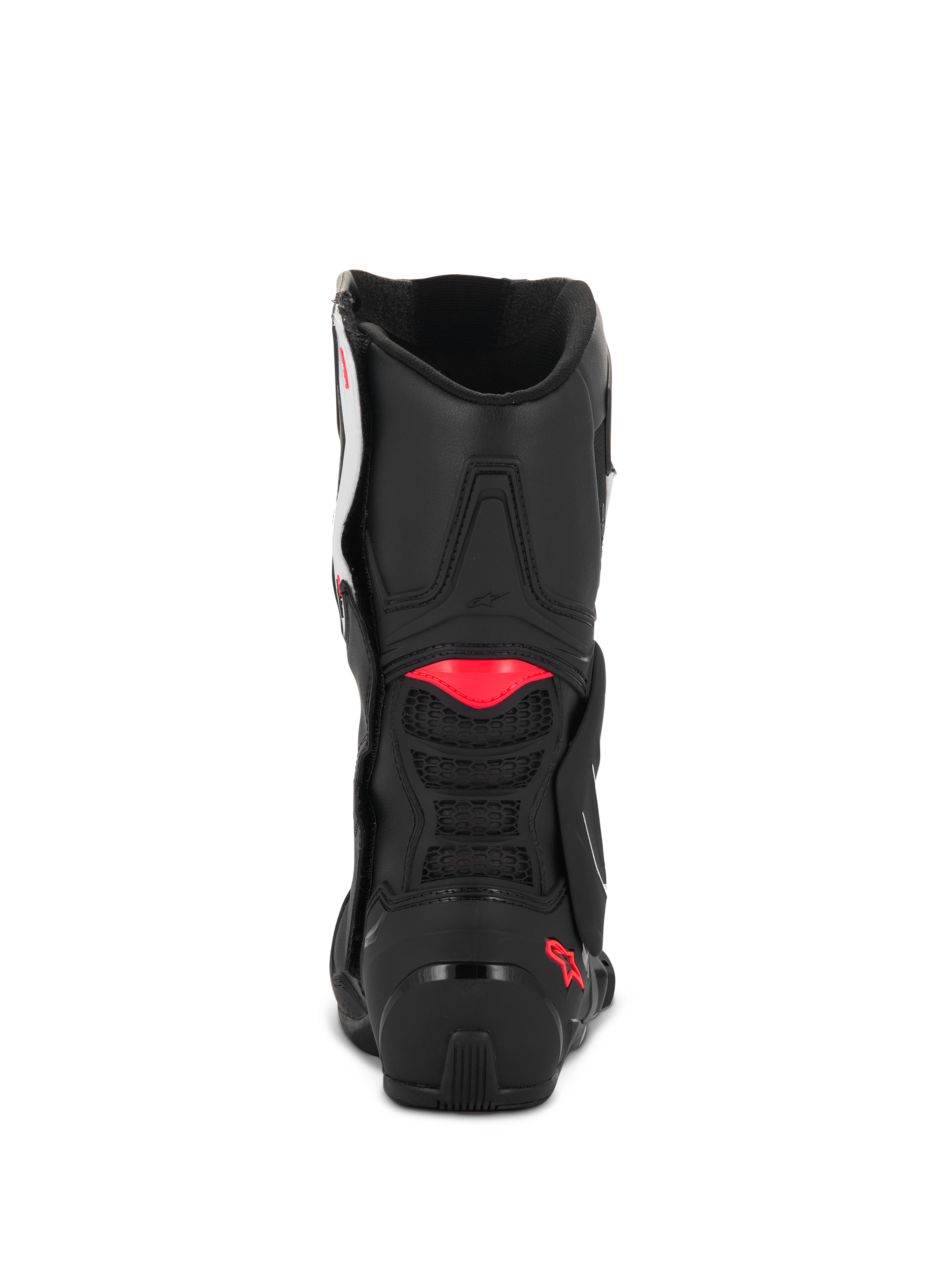 Alpinestars Stella SMX-6 V3 laarzen, Black White Diva Pink, achteraanzicht met zwarte microvezelconstructie, roze TPU-accenten op de kuit en hiel, geïntegreerde mesh-ventilatie voor sportieve rijprestaties