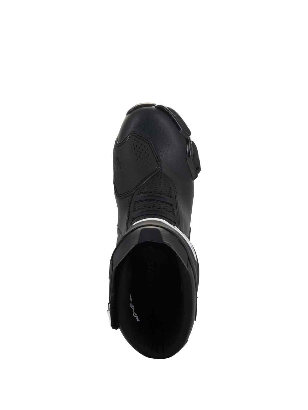 Alpinestars Stella SMX-6 V3 laarzen, race- en sportmotorlaarzen voor dames, zwart en wit, bovenaanzicht met de instapopening en gestroomlijnde neus, duurzame microvezelconstructie.