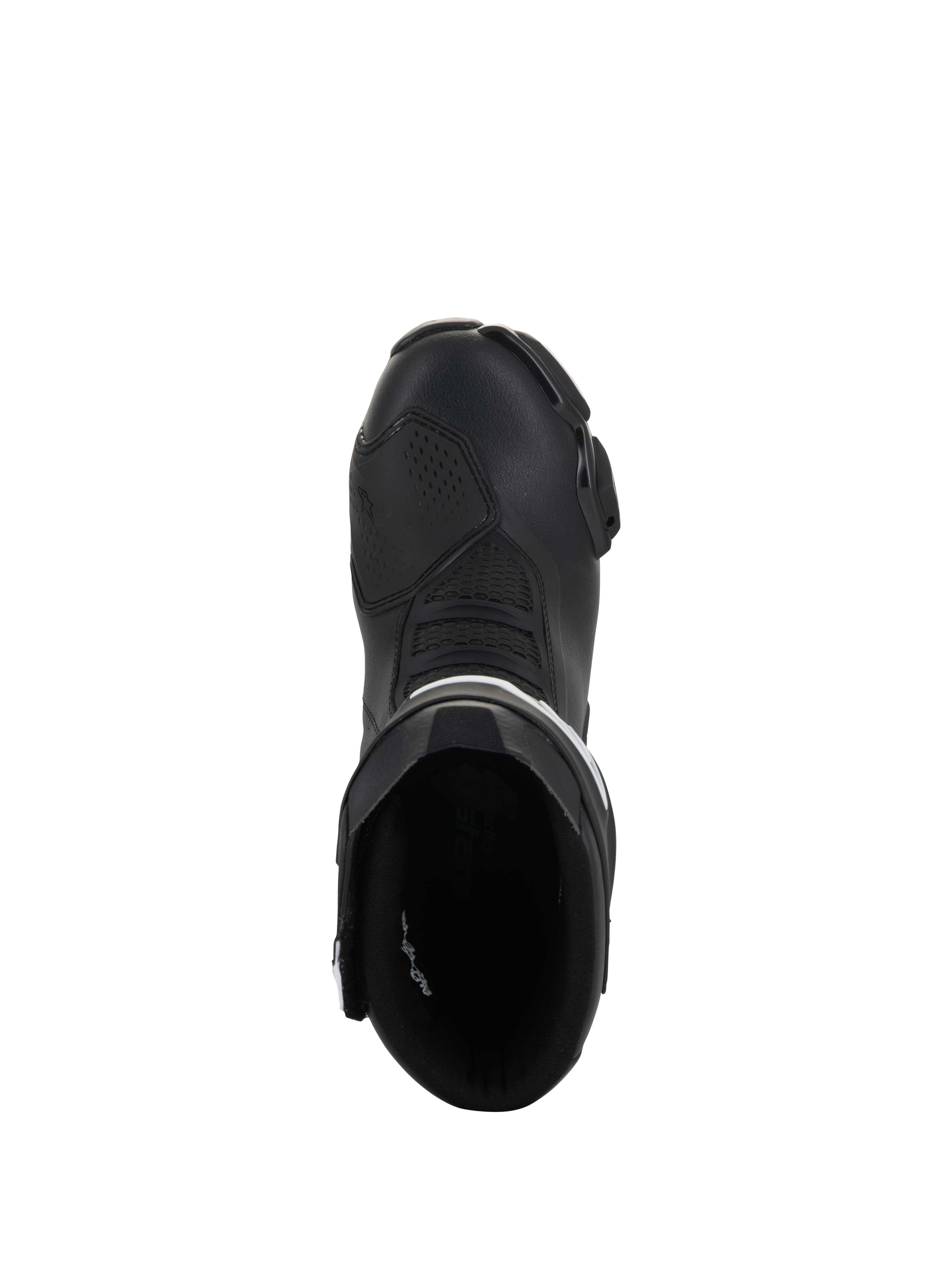 Alpinestars Stella SMX-6 V3 laarzen, race- en sportmotorlaarzen voor dames, zwart en wit, bovenaanzicht met de instapopening en gestroomlijnde neus, duurzame microvezelconstructie.