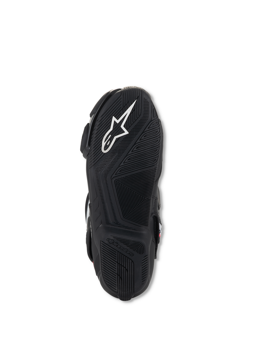 Alpinestars Stella SMX-6 V3 laarzen, onderzijde van de zool, zwart lichtgewicht rubber met getextureerde grippatronen, voorzien van wit Alpinestars-logo en reliëfbranding voor tractie en pedaalcontrole