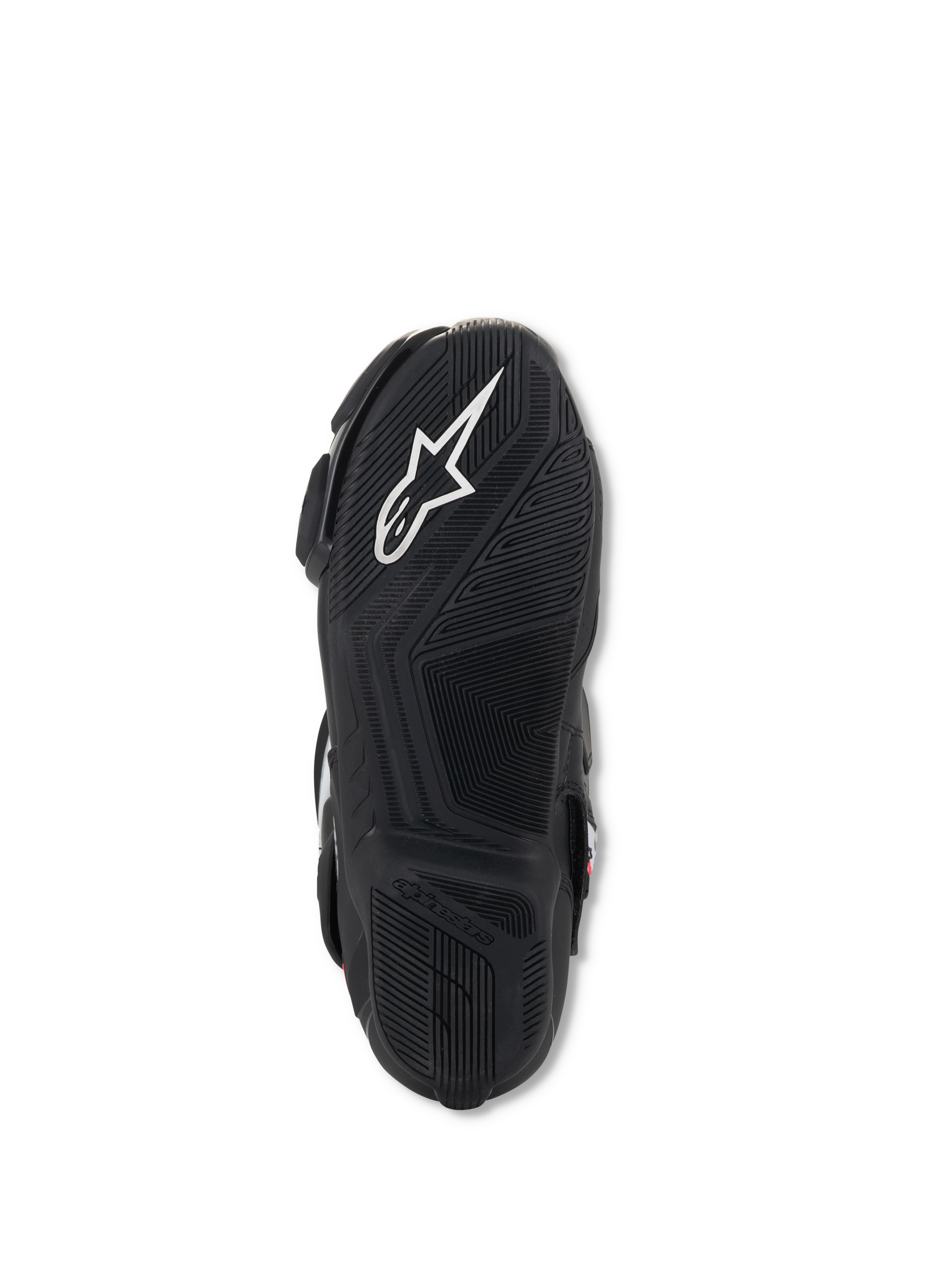 Alpinestars Stella SMX-6 V3 laarzen, onderzijde van de zool, zwart lichtgewicht rubber met getextureerde grippatronen, voorzien van wit Alpinestars-logo en reliëfbranding voor tractie en pedaalcontrole