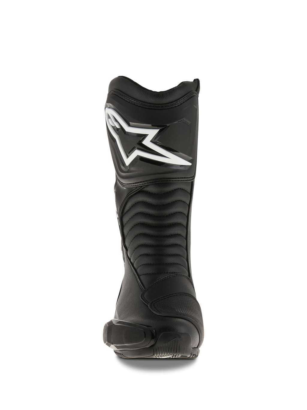 Alpinestars SMX S Laarzen, zwarte motorlaarzen, vooraanzicht met het grote witte Alpinestars-logo op de scheenplaat, accordeon-stijl flexpanelen, duurzame microvezelconstructie met beschermende PU-schilden