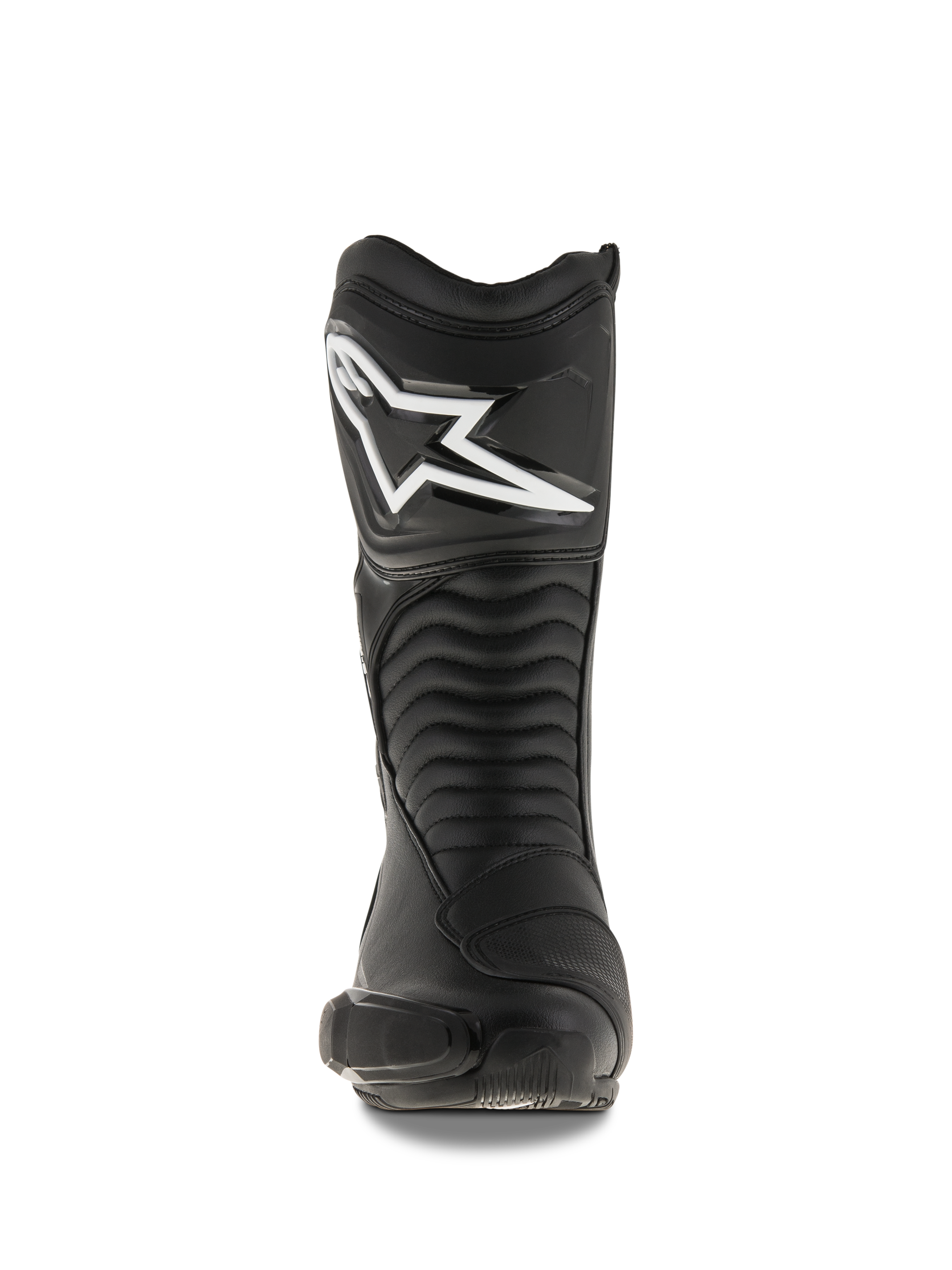 Alpinestars SMX S Laarzen, zwarte motorlaarzen, vooraanzicht met het grote witte Alpinestars-logo op de scheenplaat, accordeon-stijl flexpanelen, duurzame microvezelconstructie met beschermende PU-schilden