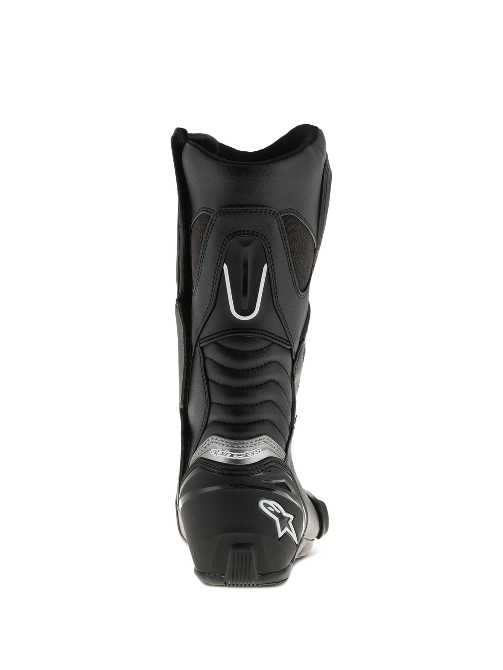 Alpinestars SMX S laarzen, zwart, achteraanzicht, met verstevigde hielkap met wit logo, zilveren branding en harmonica-flexpanelen voor extra mobiliteit en bescherming