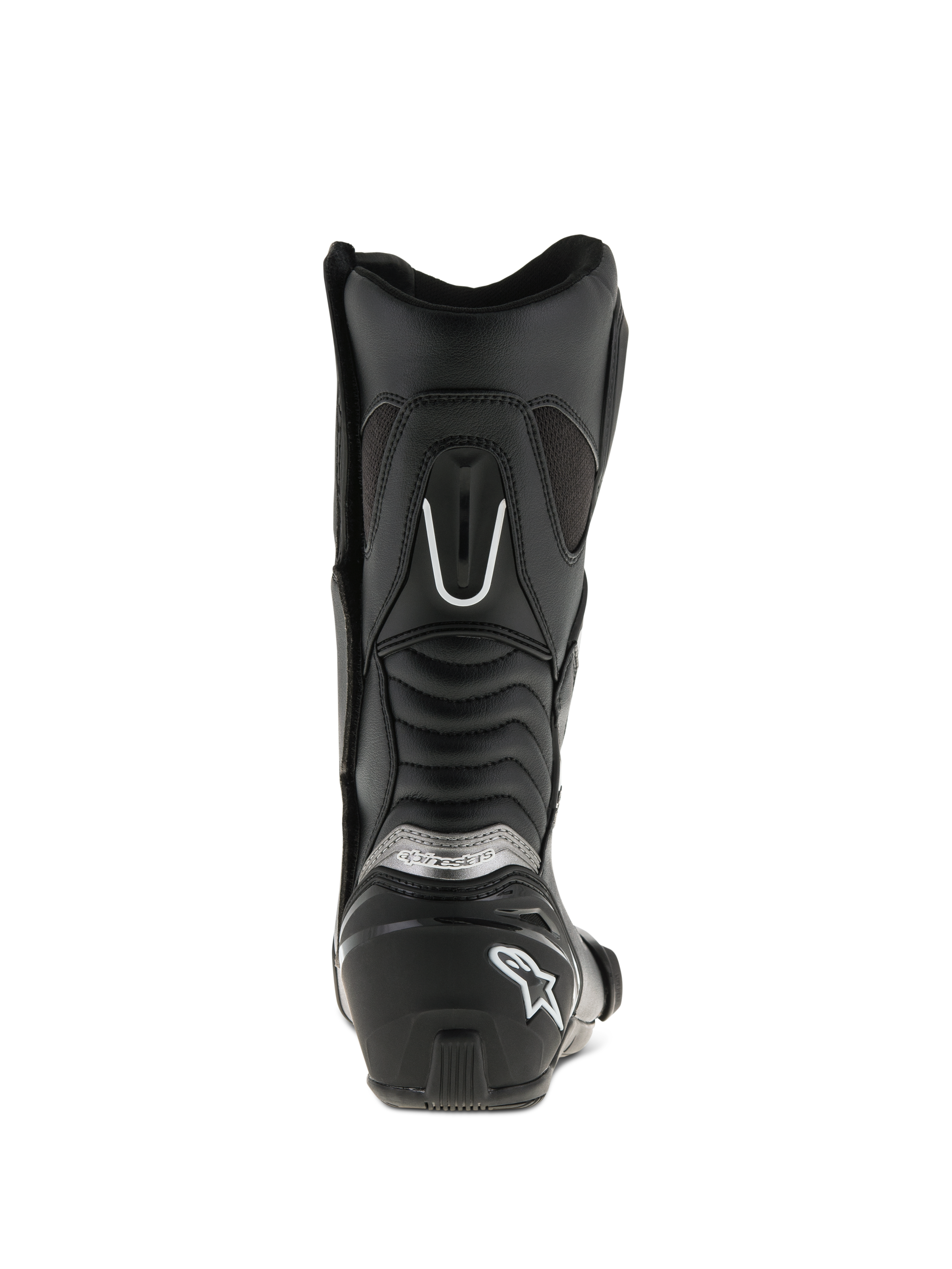 Alpinestars SMX S laarzen, zwart, achteraanzicht, met verstevigde hielkap met wit logo, zilveren branding en harmonica-flexpanelen voor extra mobiliteit en bescherming