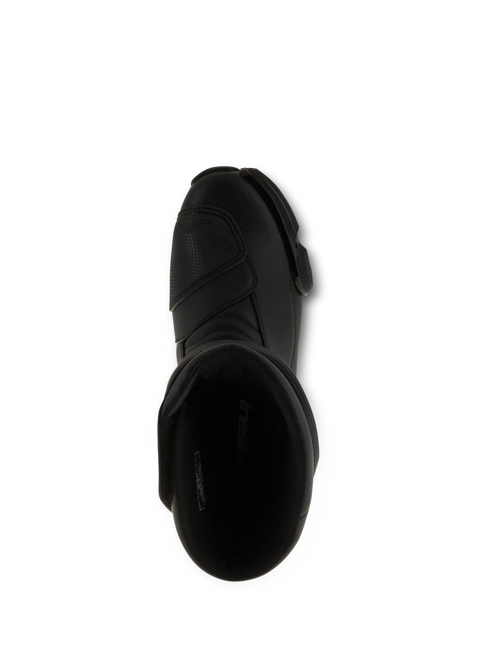 Alpinestars SMX S laarzen, zwarte motorlaarzen, bovenaanzicht kijkend in de opening, volledig zwarte microvezelconstructie met verstevigd schakelvlak en ergonomisch beschermend ontwerp